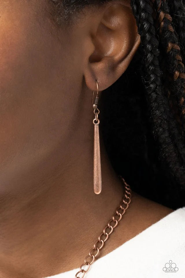 Paparazzi Accessories Fringe Festival - Copper Hammered in textured detail, two oversized copper half moon plates connect down the chest, creating a fiercely stacked pendant. Antiqued copper rods swing from the bottom of the lowermost plate, creating an e