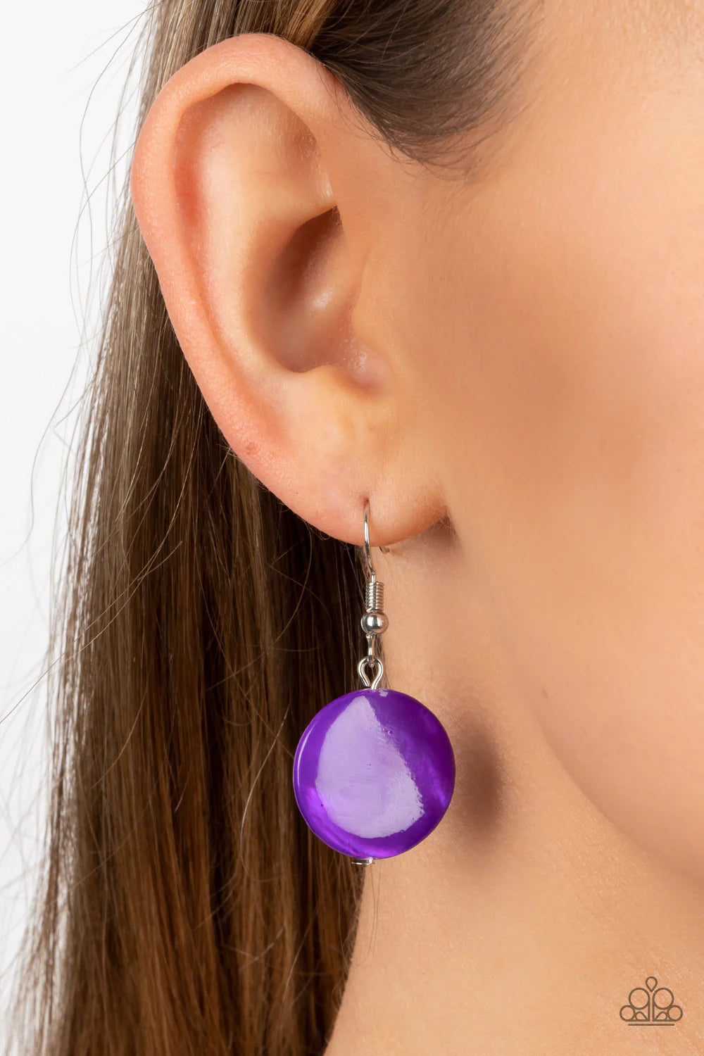 Paparazzi Accessories Beach Hub - Purple Sections of purple shell-like discs link with flat silver hoops down the chest, giving way to layers of shimmery silver chain for a tropical inspired flair. Features an adjustable clasp closure. Sold as one individ