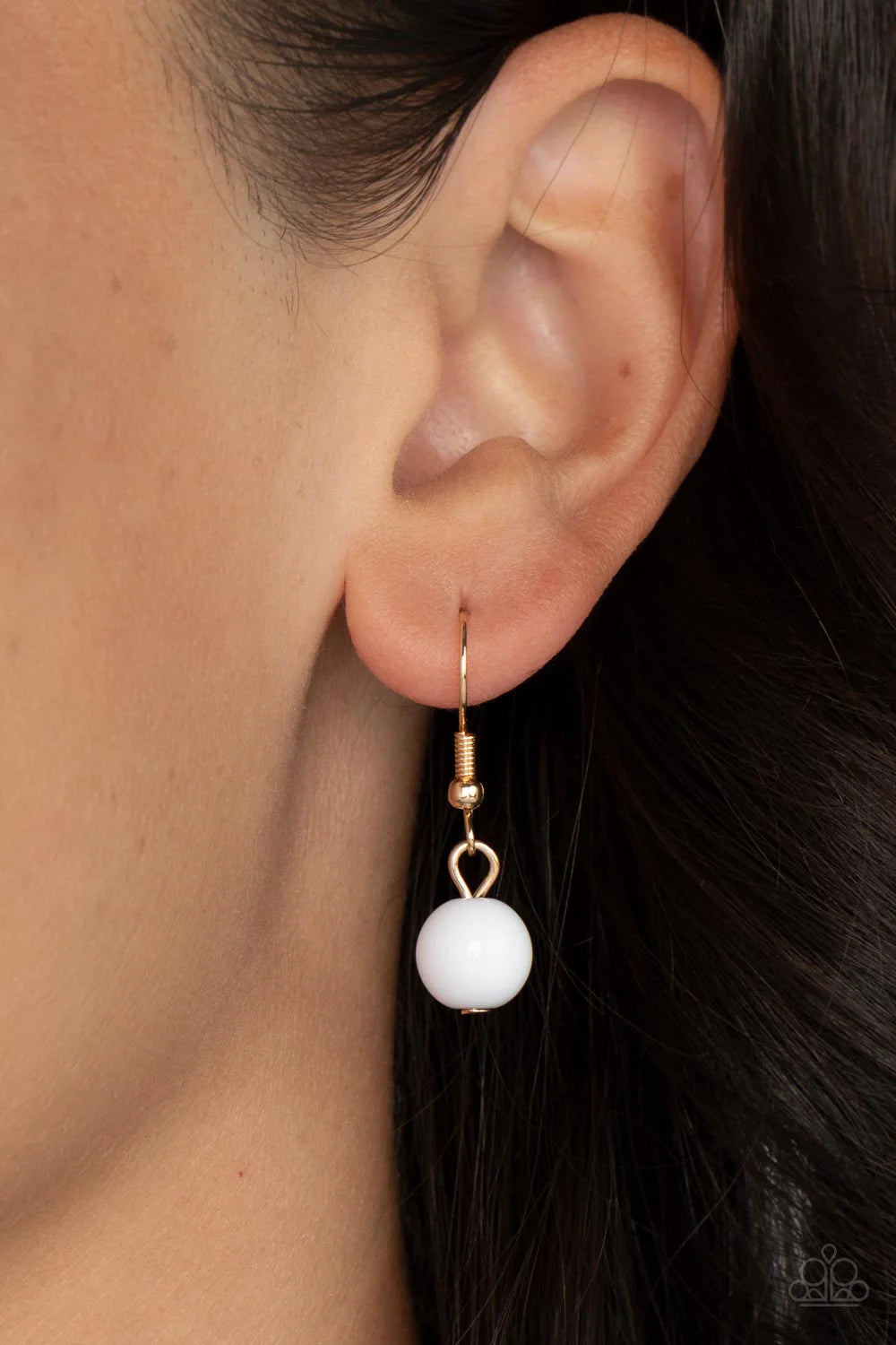 Paparazzi Accessories Private Paradise - White Separated by dainty gold beads, mismatched sections of icy, crystal-like, and white acrylic beads are threaded along an invisible wire across the chest for a colorful flair. Features an adjustable clasp closu