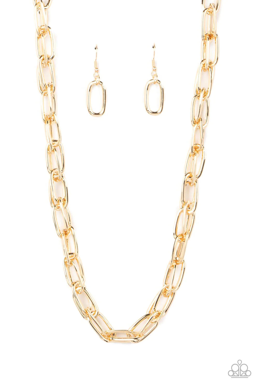 Paparazzi Accessories Tough Call - Gold A gritty collection of oversized oval gold links boldly interlocks below the collar, resulting in an intense industrial look. Features an adjustable clasp closure. Sold as one individual necklace. Includes one pair