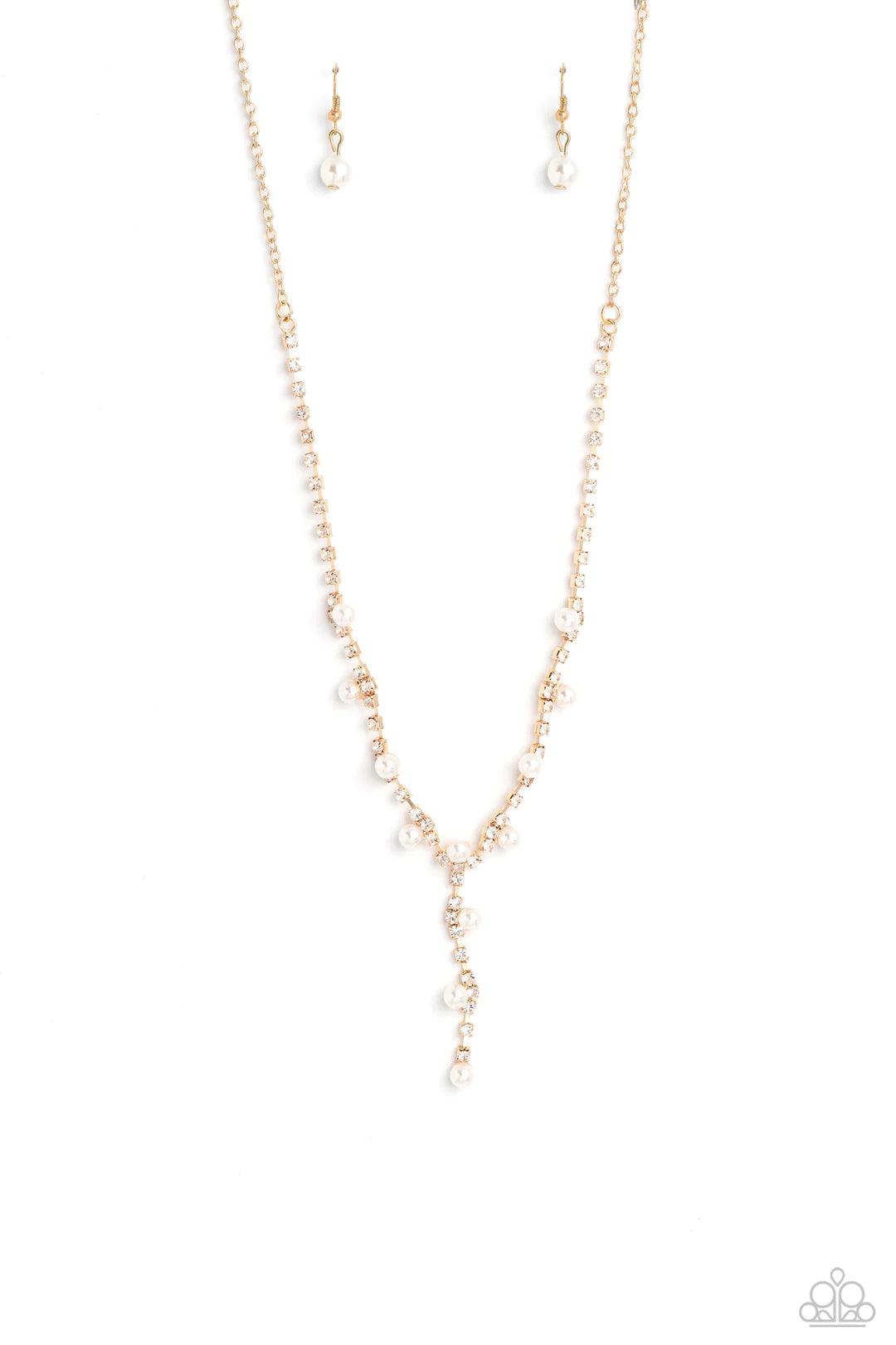Paparazzi Accessories Upper Class - Gold Attached to a section of dainty gold links, white rhinestones, pressed into shiny gold box chain fittings swing down the neckline in a lariat-like manner for an effulgent glow. Sporadically infused along the box ch
