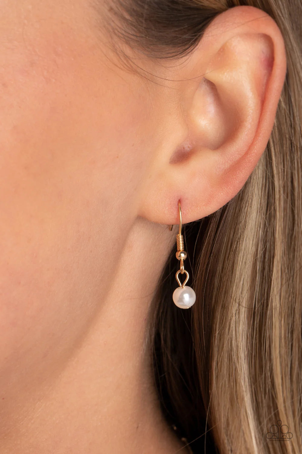 Paparazzi Accessories Pearls Before VINE - Gold Dainty faceted gold colored teardrops- and white marquise-cut gems climb around clusters of dainty white half-pearls, creating an elongated pendant that slides elegantly along a skinny gold snake chain. Feat