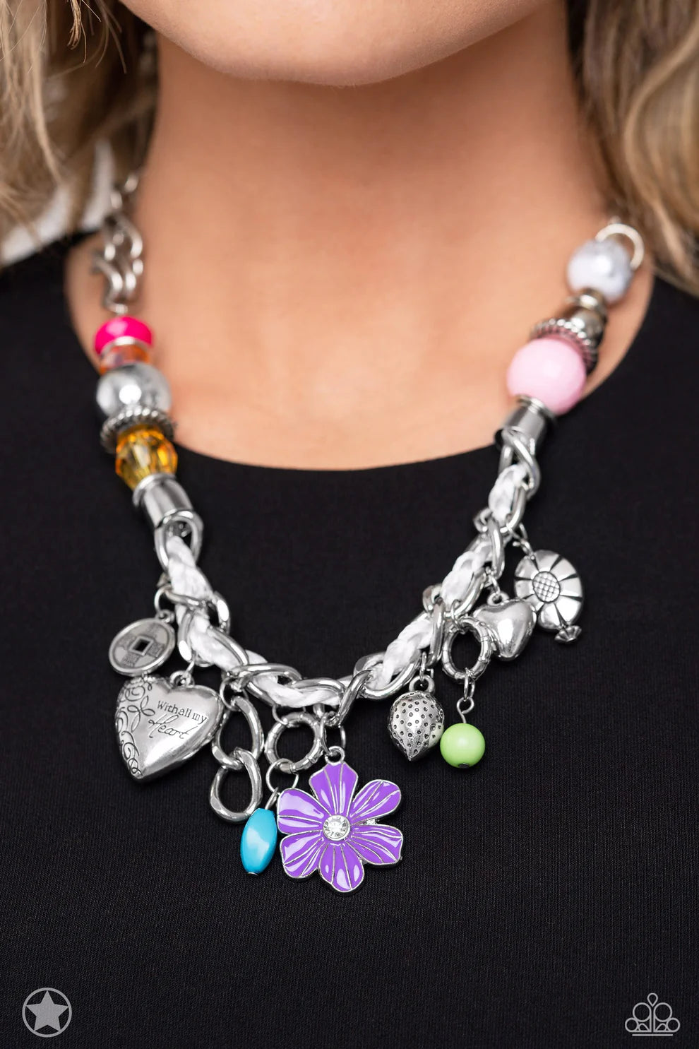 Paparazzi Accessories Charmed I Am Sure - Multi White cording is braided through a chunky silver chain. A unique variety of colorful charms decorate the piece including a delicate flower and a heart inscribed with the phrase "With All My Heart" on one sid