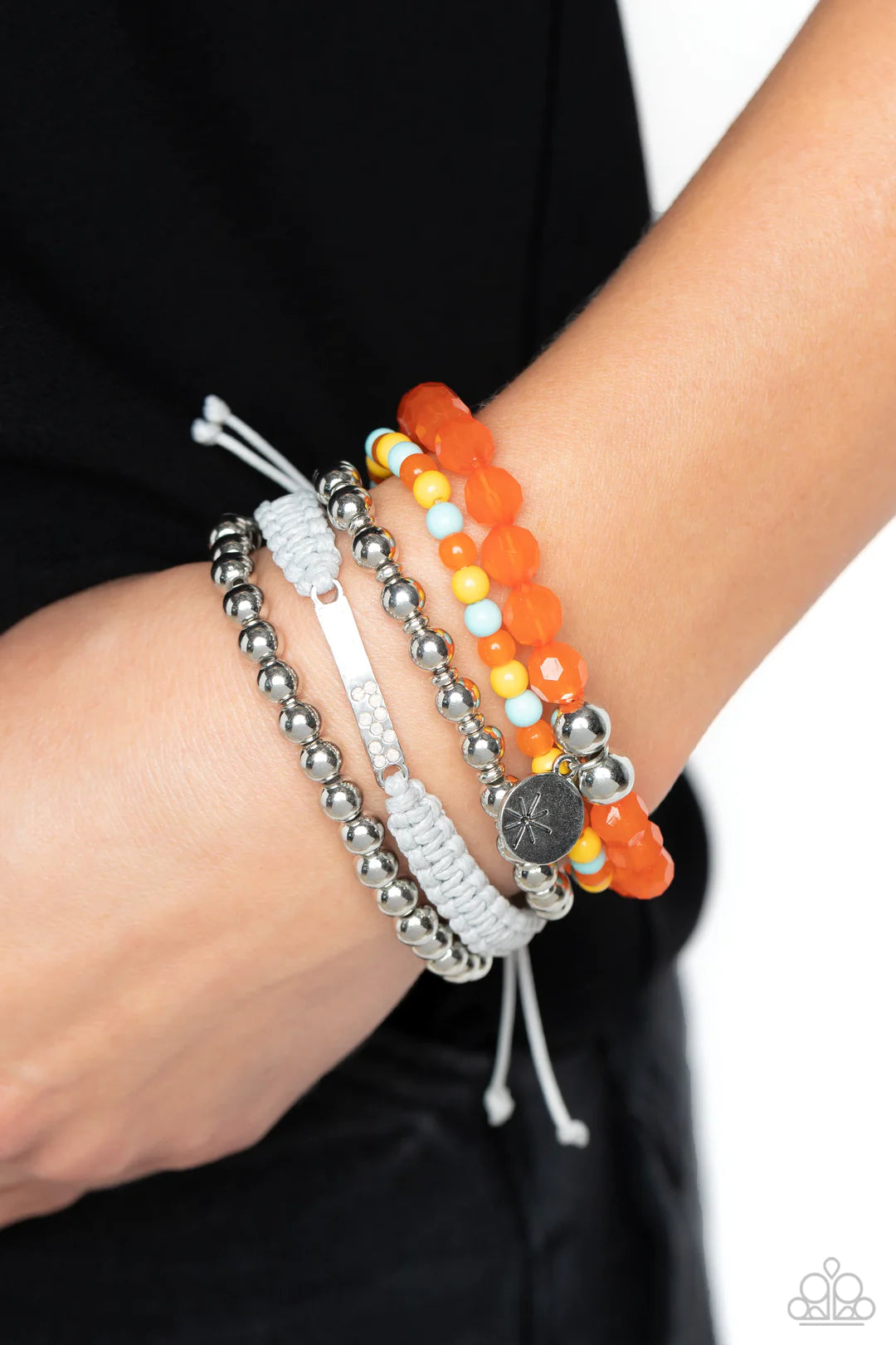 Paparazzi Accessories Offshore Outing - Multi Strands of Orange Tiger, Waterspout, and Samoan Sun beads are threaded along elastic stretchy bands to create a stack of bracelets. The varying opacities of each bead adds depth to the design, as a strand of s