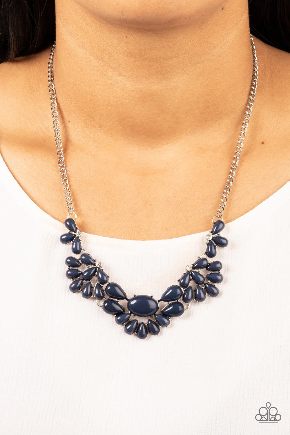 Paparazzi Accessories Secret GARDENISTA - Blue Teardrop Rhodonite beads fan out from the bottoms of solitaire white rhinestones as they link below the collar, creating whimsically stacked frames. Featuring an oval center, oversized teardrop beads flare ou