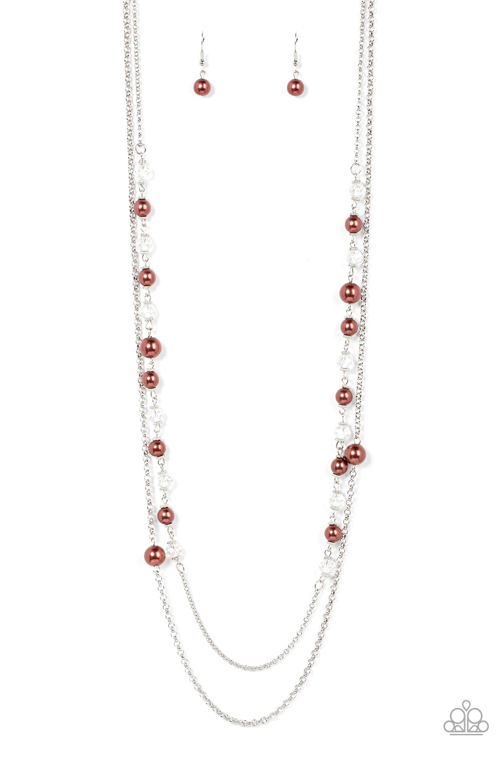 Paparazzi Accessories Venice Vanity - Brown Separated by dainty studded silver accents, a bubbly collection of brown pearls and sparkly crystal-like beads sporadically adorn layers of silver chains across the chest for an effervescent finish. Features an