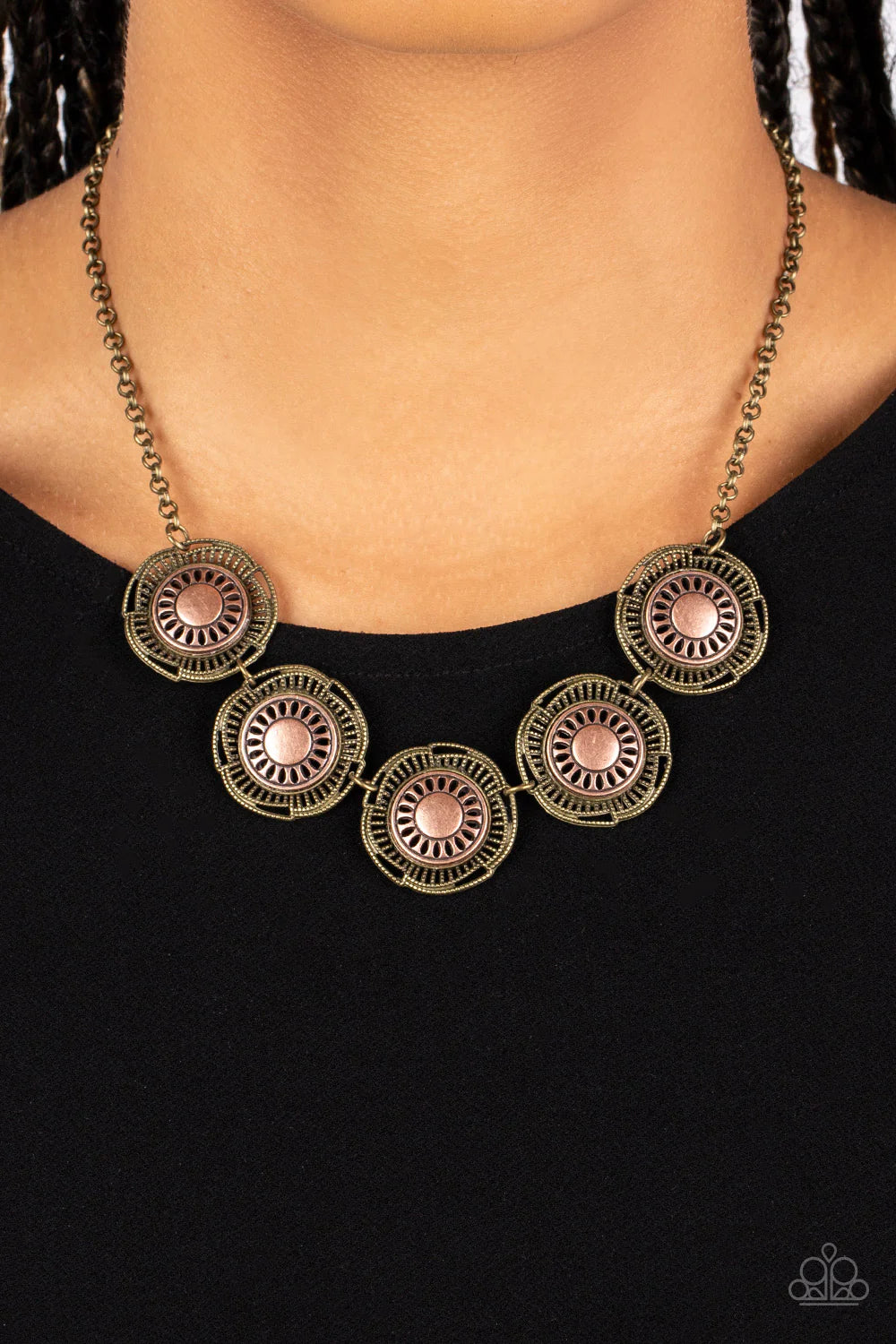Paparazzi Accessories Desert Decor - Multi Studded brass bars asymmetrically arc around studded brass petals that bloom from stenciled copper centers. The handcrafted frames delicately link below the collar, creating a rustic statement piece. Features an