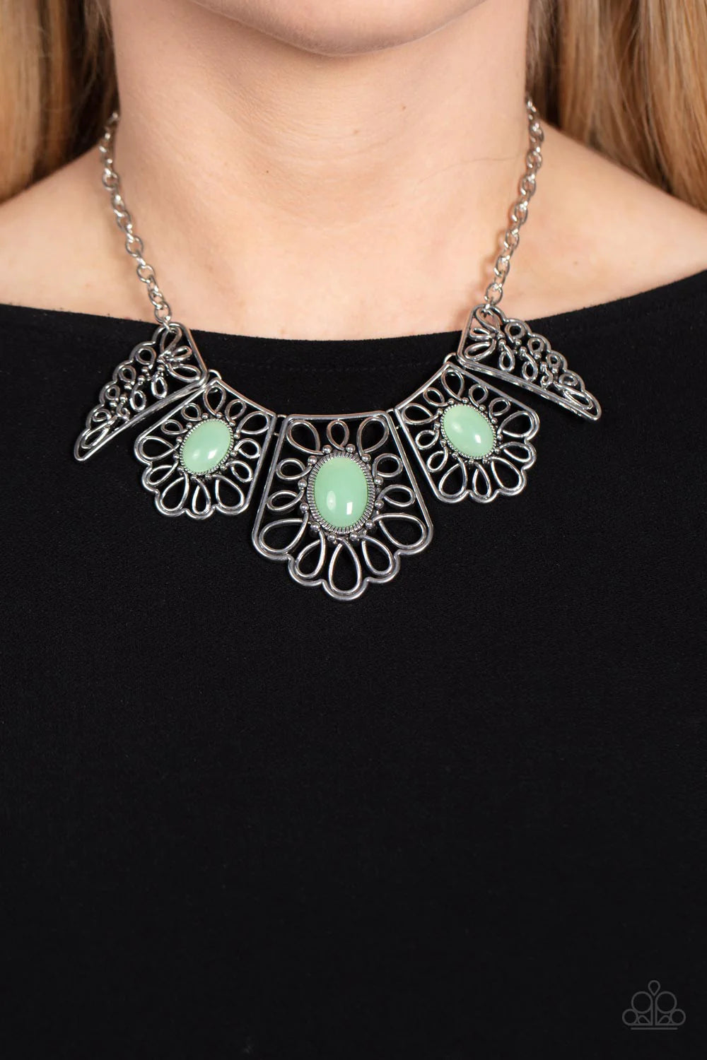 Paparazzi Accessories Glimmering Groves - Green Airy frames formed from swirls of filigree fan out along the collar in a vintage display. Shiny Basil beads are pressed into the three centermost frames, with smaller floral-inspired accents on either side a
