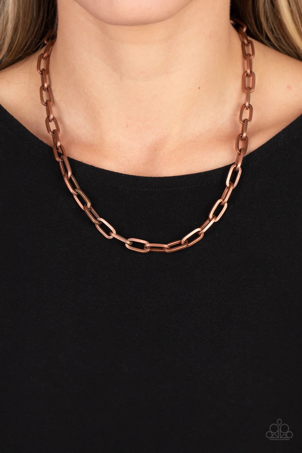 Paparazzi Accessories Boston Backdrop - Copper A strand of oversized, copper, chain links falls unapologetically along the collar. The timeless palette takes on an industrial intensity, allowing the simple design to make an impressive impact. Features an