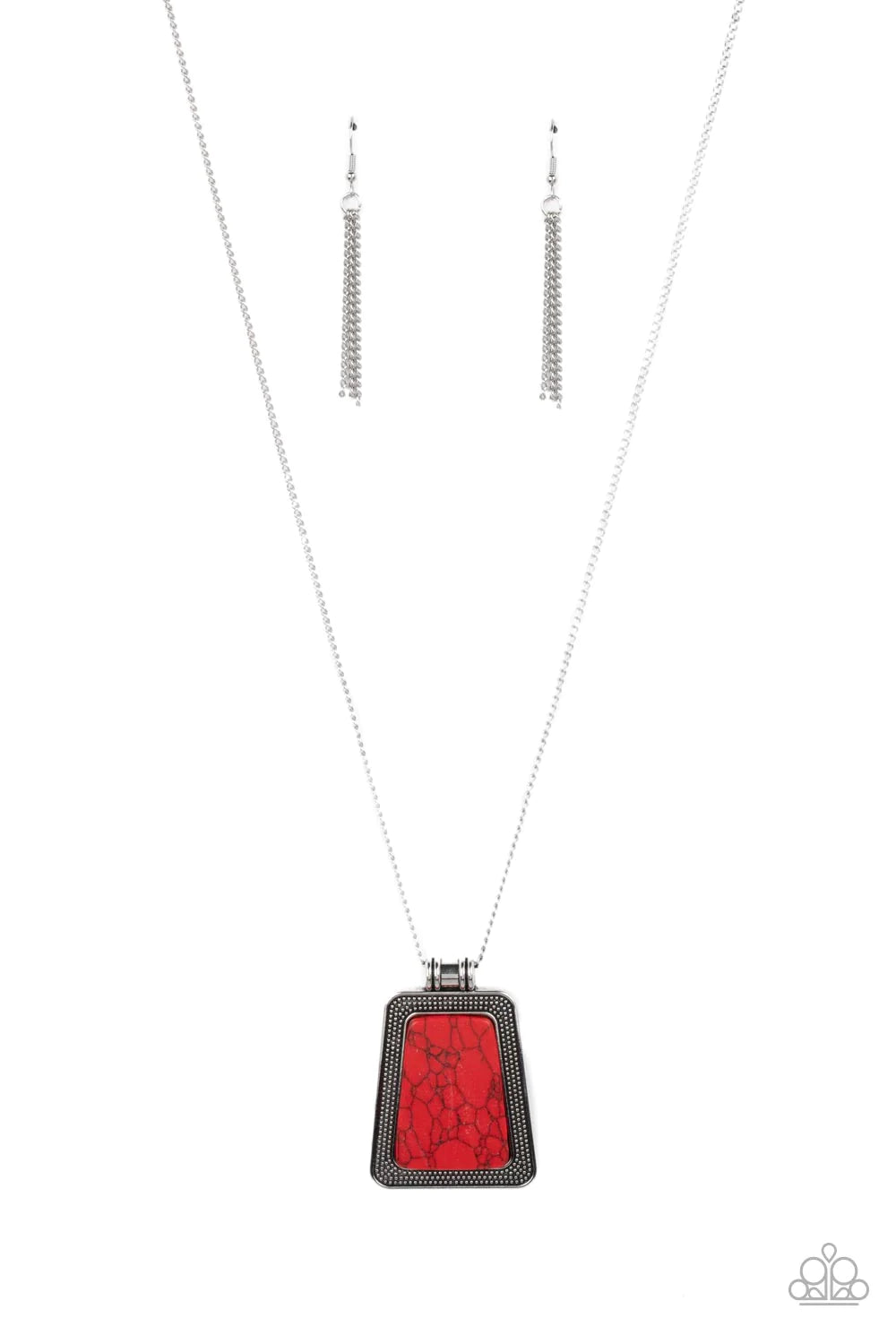 Paparazzi Accessories Private Plateau - Red A flat and trapezoidal red stone is pressed into the center of a studded silver frame, resulting in a rustic pendant at the bottom of a lengthened silver chain. Features an adjustable clasp closure. Sold as one