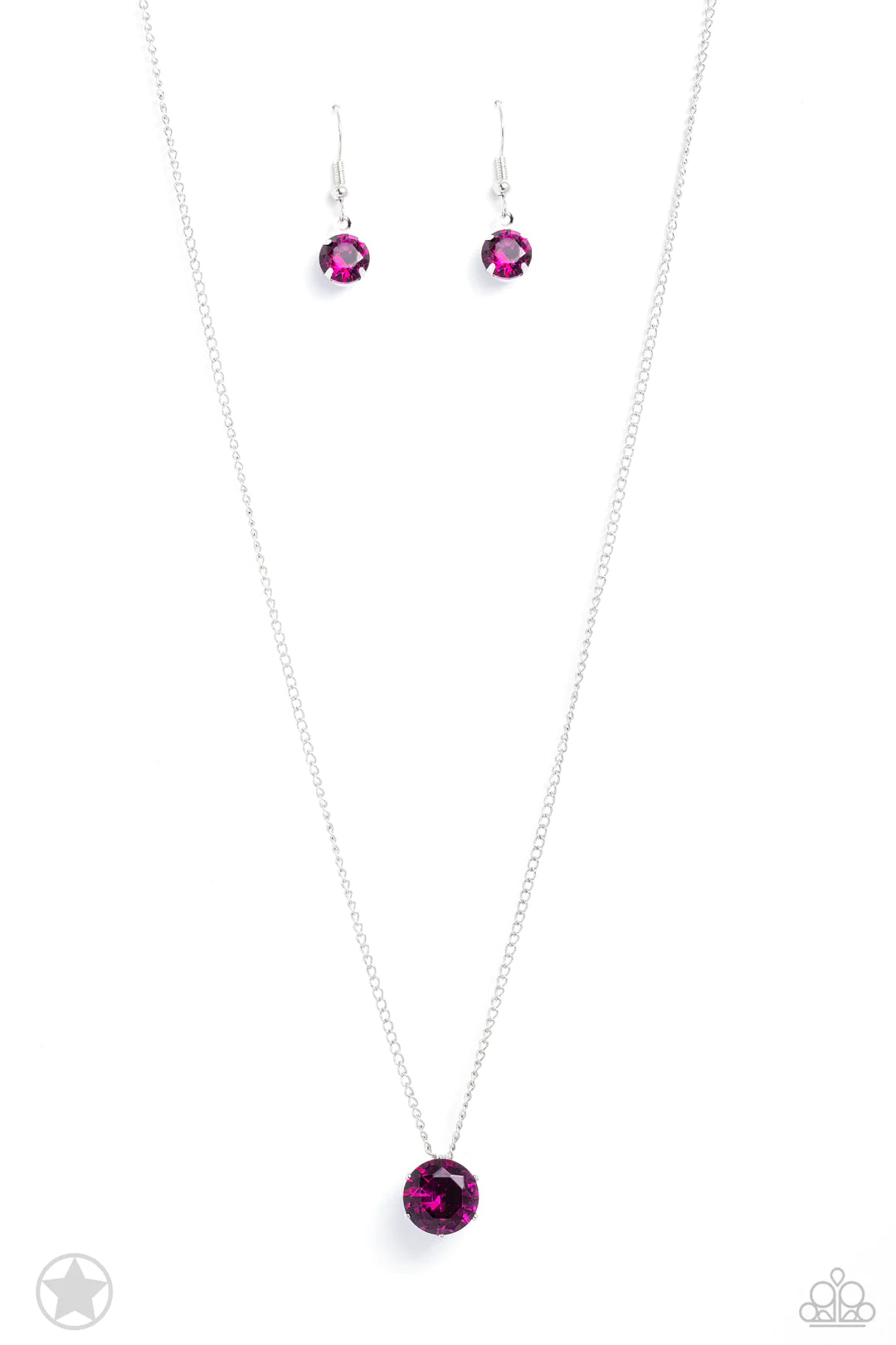 Paparazzi Accessories What A Gem - Pink A single fuchsia rhinestone sparkles brilliantly at the bottom of a dainty silver chain, creating a stunning solitaire design. Features an adjustable clasp closure. Sold as one individual necklace. Includes one pair