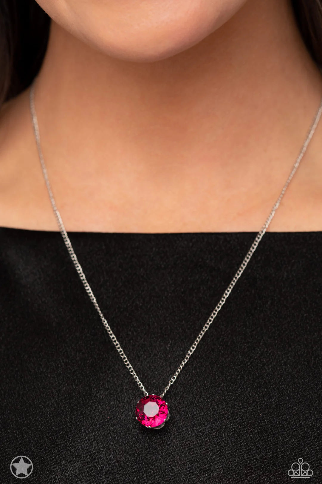 Paparazzi Accessories What A Gem - Pink A single fuchsia rhinestone sparkles brilliantly at the bottom of a dainty silver chain, creating a stunning solitaire design. Features an adjustable clasp closure. Sold as one individual necklace. Includes one pair