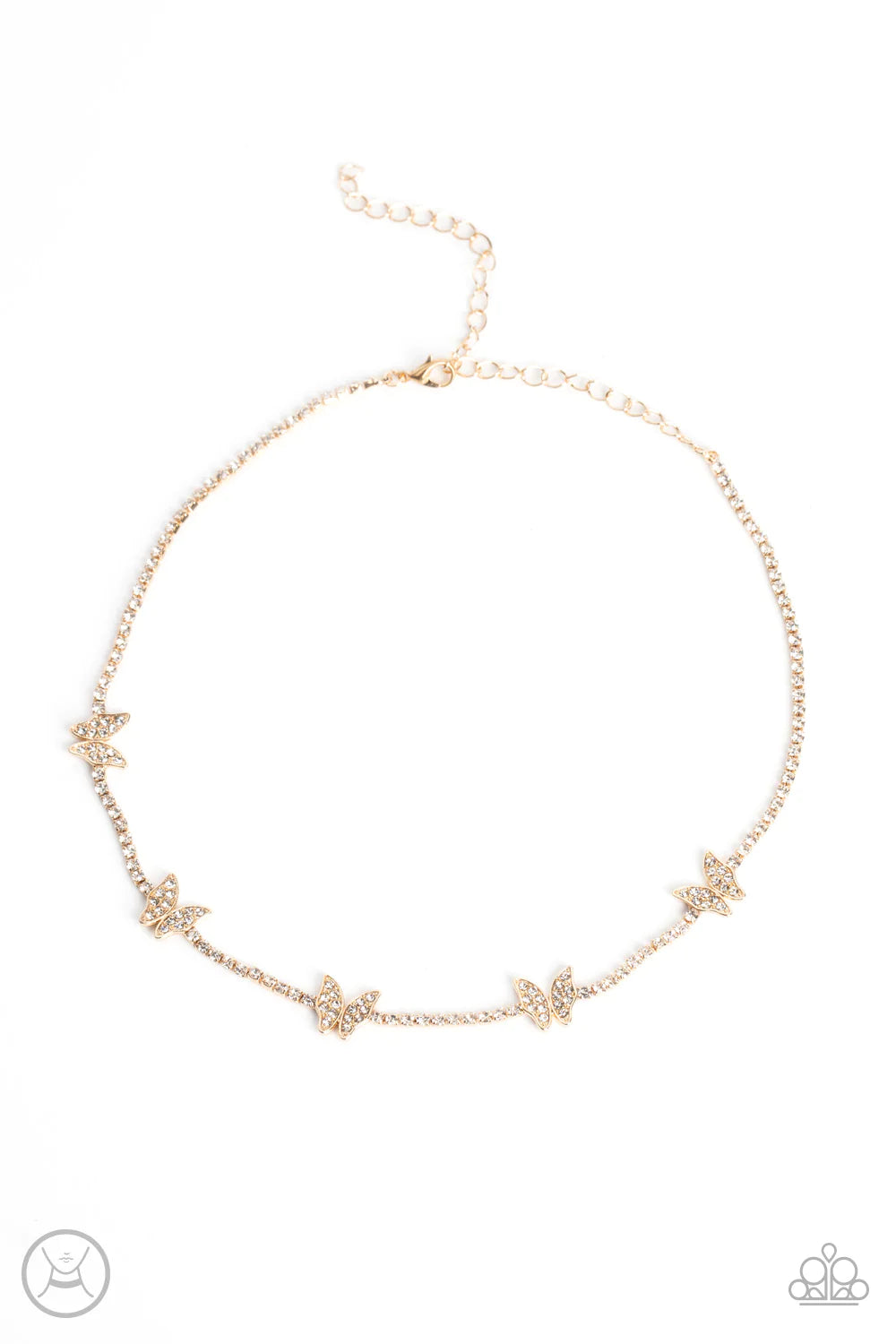 Paparazzi Accessories Fluttering Fanatic - Gold Infused along a row of dainty white rhinestones pressed into gold box-chain settings, a collection of gold butterflies coalesces around the neckline for a whimsical finish. Each butterfly features a dainty s