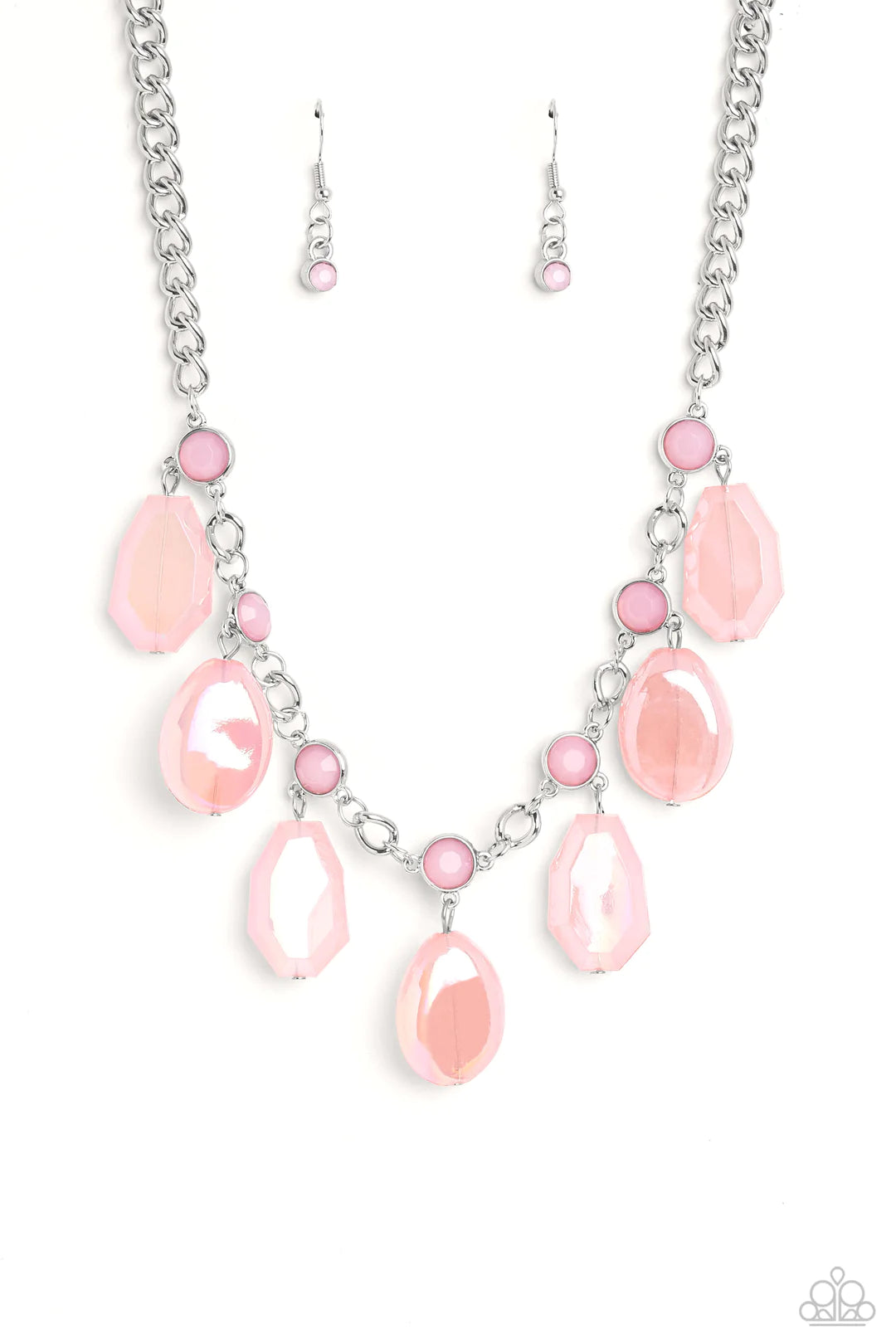 Paparazzi Accessories Maldives Mural - Pink A collection of chiseled, clear and milky geometric shapes in pink hues feature an iridescent overlay as they cascade from a silver curb chain, resulting in a bubbly and boisterous fringe below the collar. A lay
