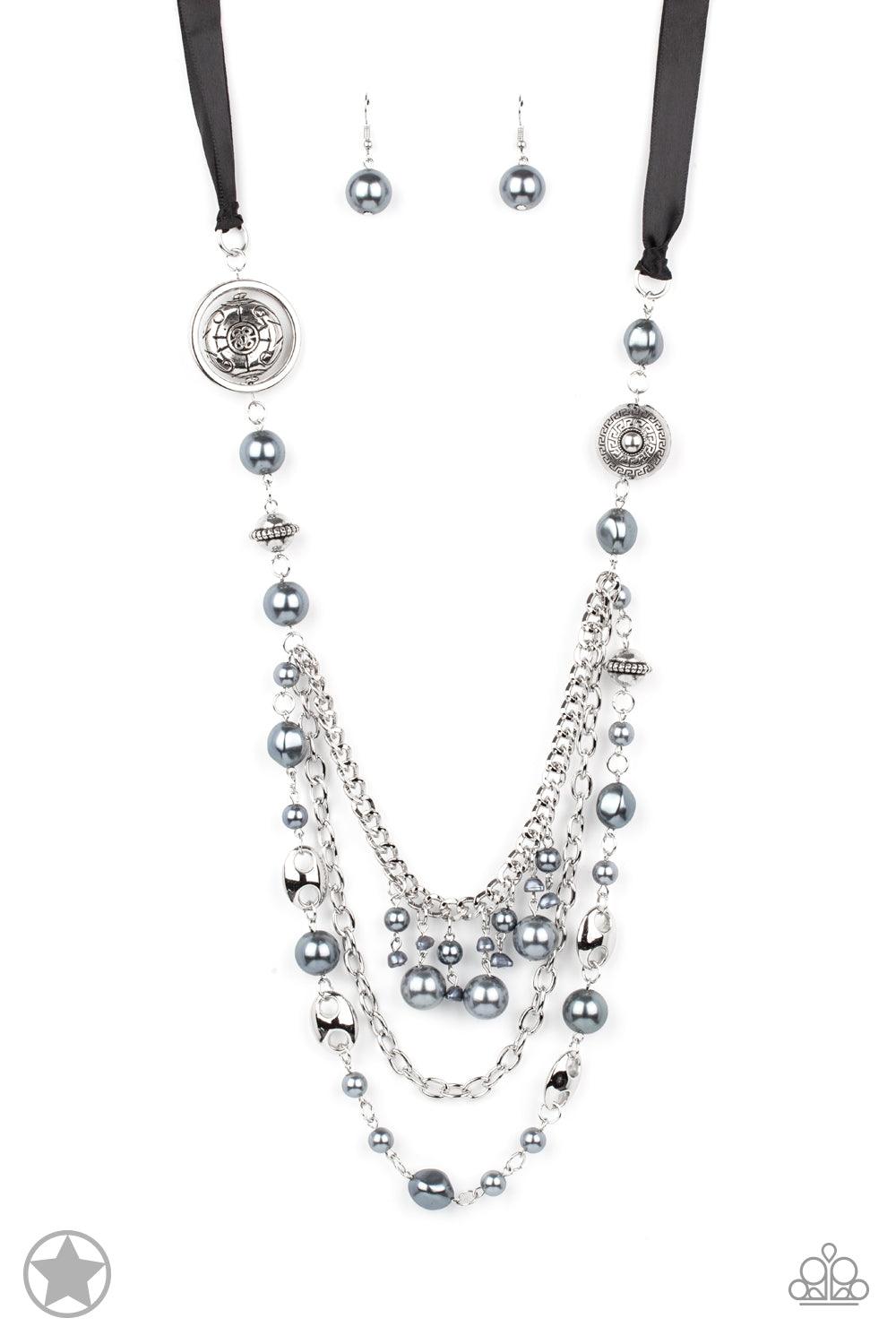 Paparazzi Accessories All The Trimmings - Black A silky black ribbon replaces a traditional chain to create a timeless look. Pearly dark gray beads and funky silver pieces intermix with varying lengths of silver chains to give a fresh take on a Victorian-