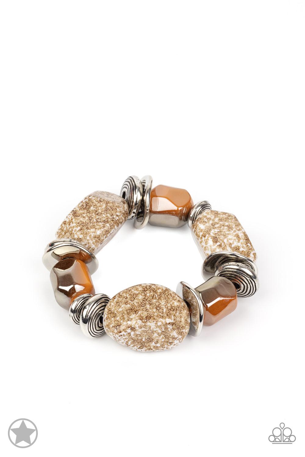 Paparazzi Accessories Glaze of Glory - Brown Chunky peach beads combine with intricate silver details on a stretchy band. Matches Blockbuster Necklace. Sold as one individual bracelet. Jewelry