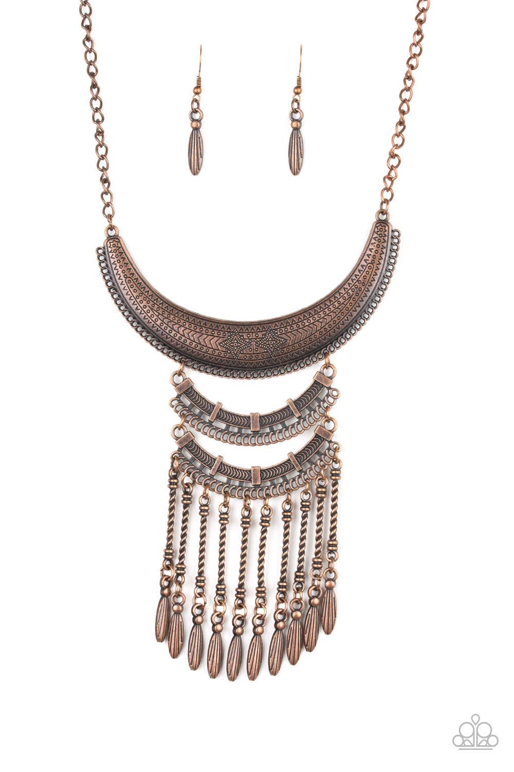 Paparazzi Accessories Eastern Empress - Copper Stamped and embossed in tribal inspired patterns, three copper plates connect down the chest, creating a fiercely stacked pendant. Attached to twisted copper rods, ornate copper beads swing from the bottom of