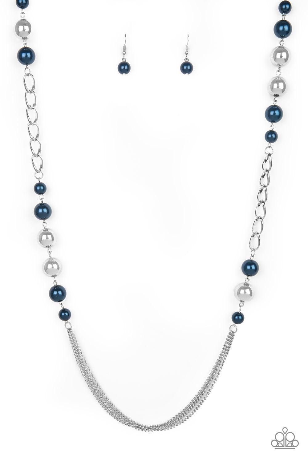 Paparazzi Accessories Uptown Talker - Blue Varying in size, pearly blue and oversized silver beads give way to sections of bold silver chain. Layers of silver chains drape across the bottom of the design for a flawless finish. Features an adjustable clasp
