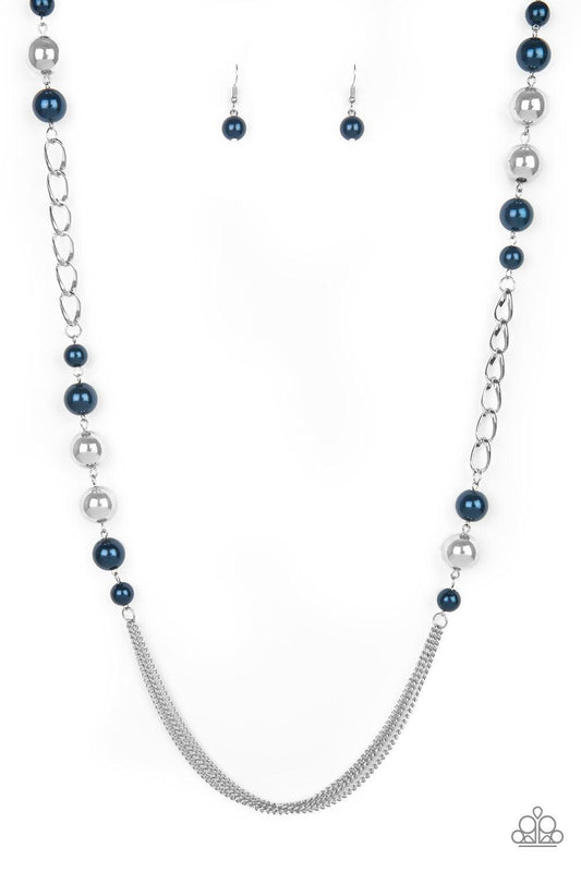 Paparazzi Accessories Uptown Talker - Blue Varying in size, pearly blue and oversized silver beads give way to sections of bold silver chain. Layers of silver chains drape across the bottom of the design for a flawless finish. Features an adjustable clasp