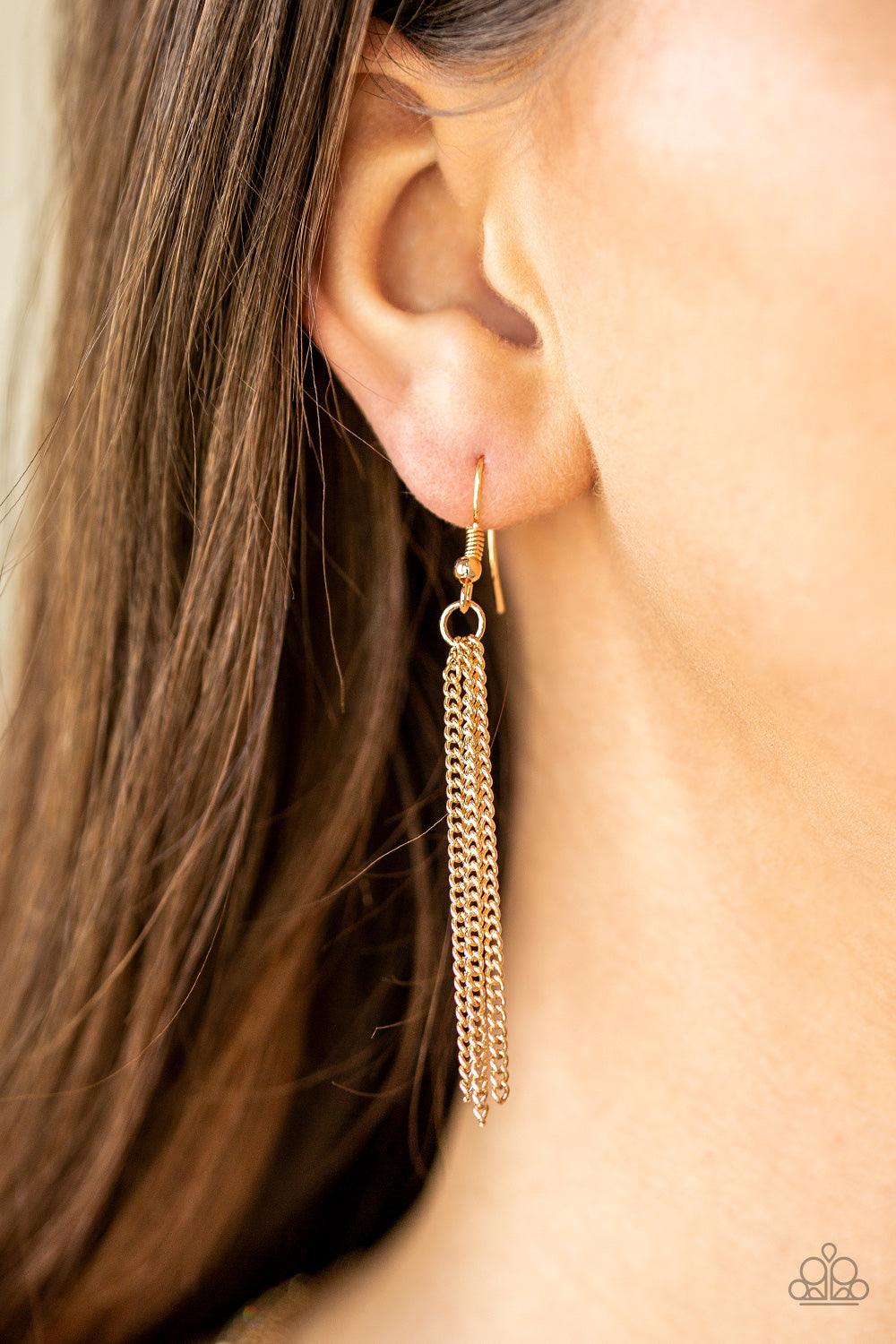 Paparazzi Accessories SLEEK and Destroy - Gold Featuring sleek square fittings, a glittery strand of white rhinestones joins dainty rows of glistening gold chains down the chest for a refined flair. Features an adjustable clasp closure. Sold as one indivi