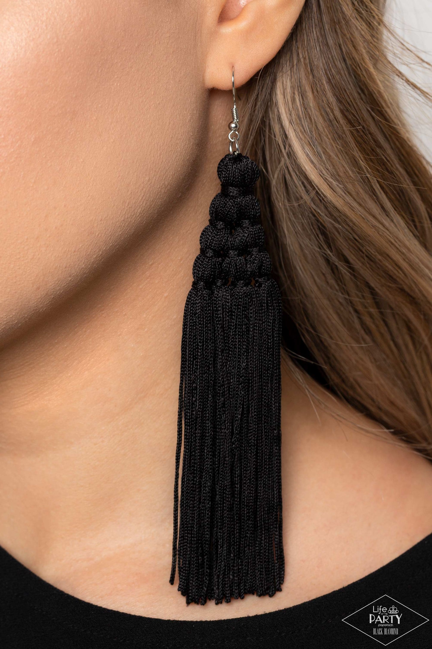 Paparazzi Accessories Magic Carpet Ride - Black Woven into an intricate frame, shiny black tassels stream from the ear, creating a majestic fringe. Earring attaches to a standard fishhook fitting. Sold as one pair of earrings. Jewelry