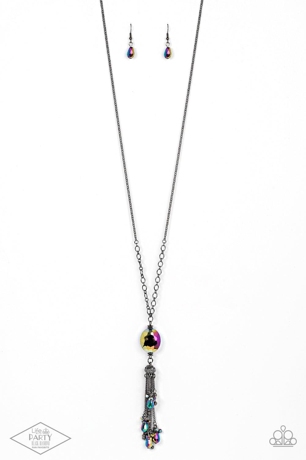 Paparazzi Accessories Fringe Flavor - Multi Featuring an oil spill finish, a faceted oil spill gem attaches to the bottom of a lengthened gunmetal chain featuring sections of airy chain links. Infused with dainty gunmetal and matching oil spill beads, shi