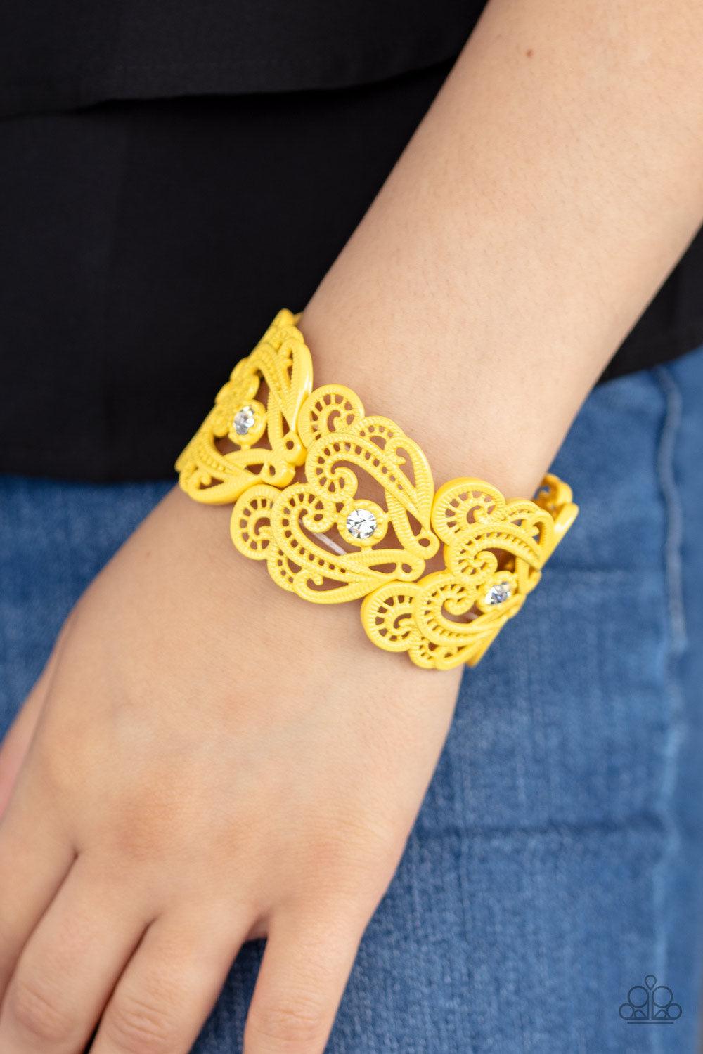 Paparazzi Accessories Vintage Romance - Yellow Painted in a sunny yellow finish, lacy metallic frames are threaded along stretchy bands around the wrist. Glassy white rhinestones dot each frame, adding elegant shimmer to the whimsical piece. Sold as one i