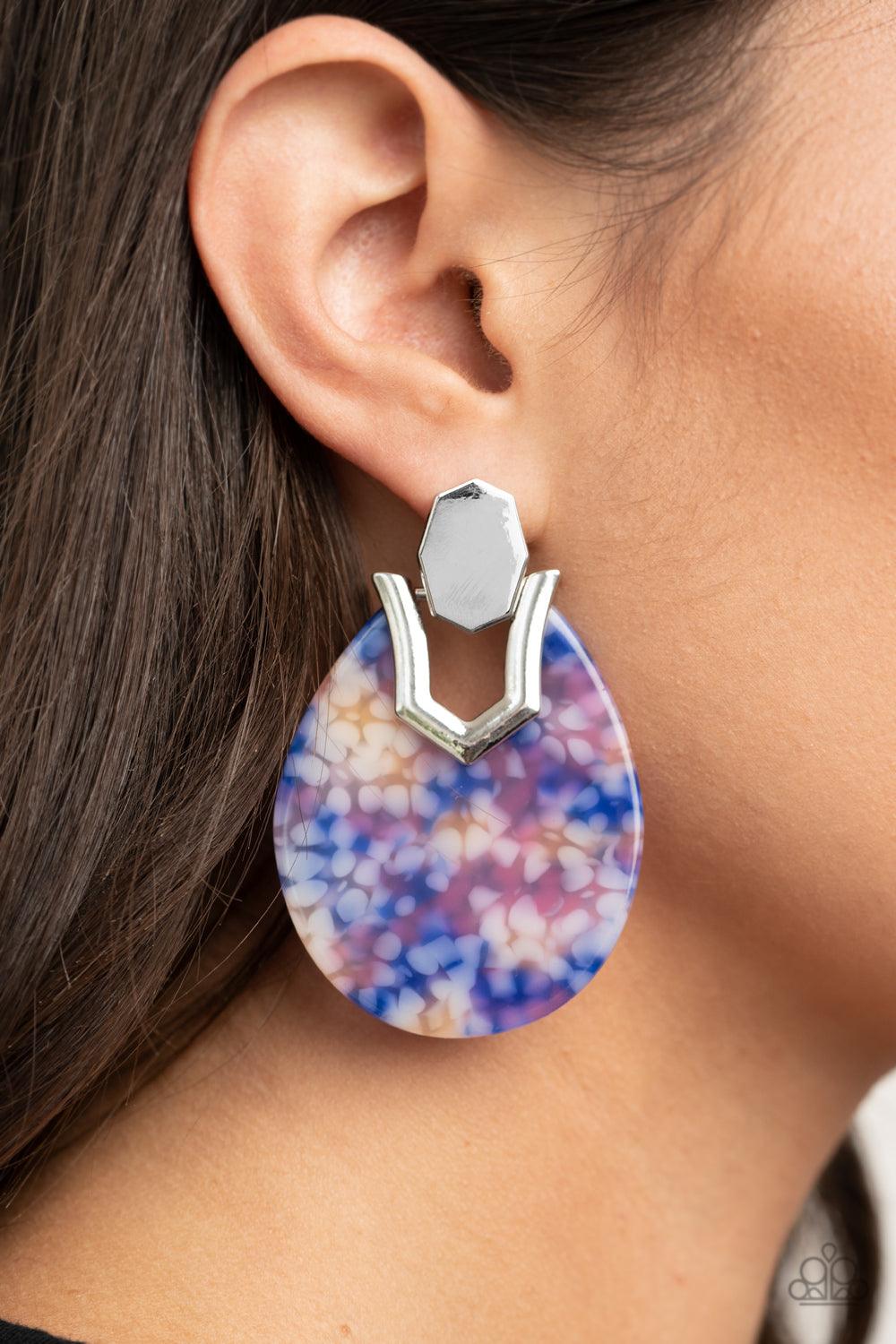 Paparazzi Accessories HAUTE Flash - Blue Speckled in a colorful watercolor pattern, a teardrop acrylic frame fastens to a shiny silver fitting for a trendy retro look. Earring attaches to a standard post fitting. Sold as one pair of post earrings. Jewelry