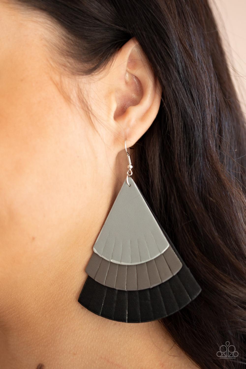 Paparazzi Accessories Huge Fanatic - Black Featuring tapered edges, Ultimate Gray, gray, and black leather triangular frames delicately overlap into a colorfully rustic frame. Earring attaches to a standard fishhook fitting. Sold as one pair of earrings.