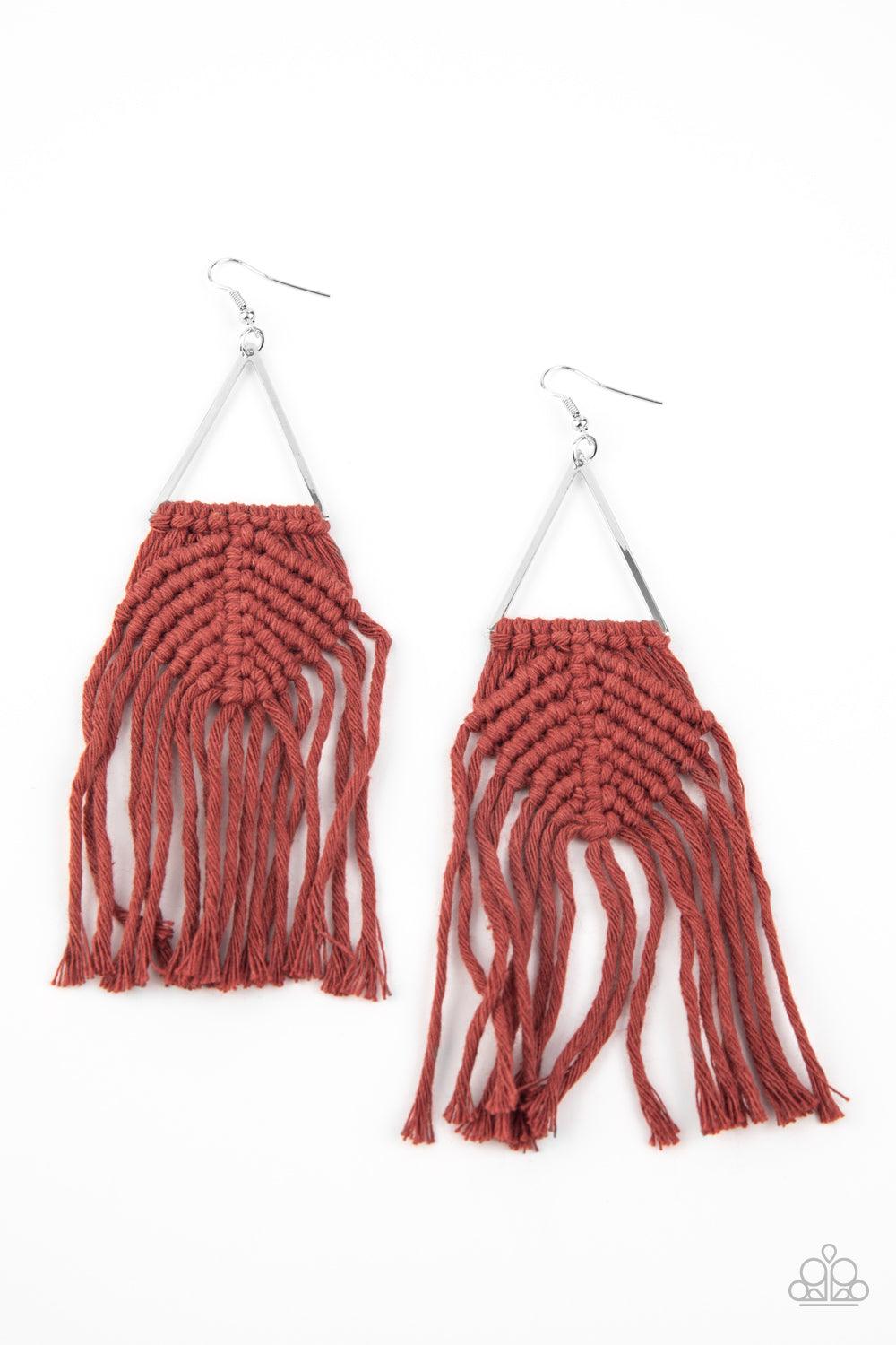 Paparazzi Accessories Macrame Jungle - Brown Fired Brick cording delicately knots and weaves around the bottom of an airy silver triangle, creating a colorful macramé inspired fringe. Earring attaches to a standard fishhook fitting. Sold as one pair of ea