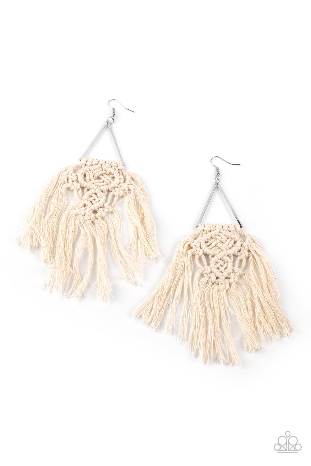 Paparazzi Accessories Modern Day Macrame - White White threaded tassels ornately knot at the bottom of a shimmery silver triangular frame, creating a macramé inspired fringe. Earring attaches to a standard fishhook fitting. Sold as one pair of earrings. J
