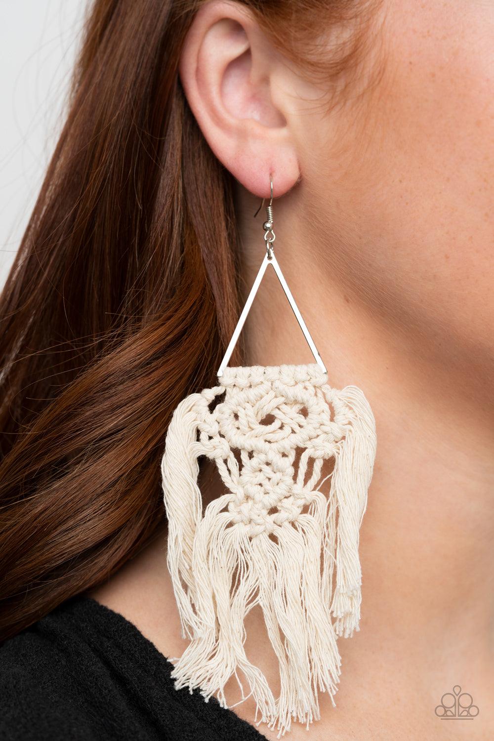 Paparazzi Accessories Modern Day Macrame - White White threaded tassels ornately knot at the bottom of a shimmery silver triangular frame, creating a macramé inspired fringe. Earring attaches to a standard fishhook fitting. Sold as one pair of earrings. J
