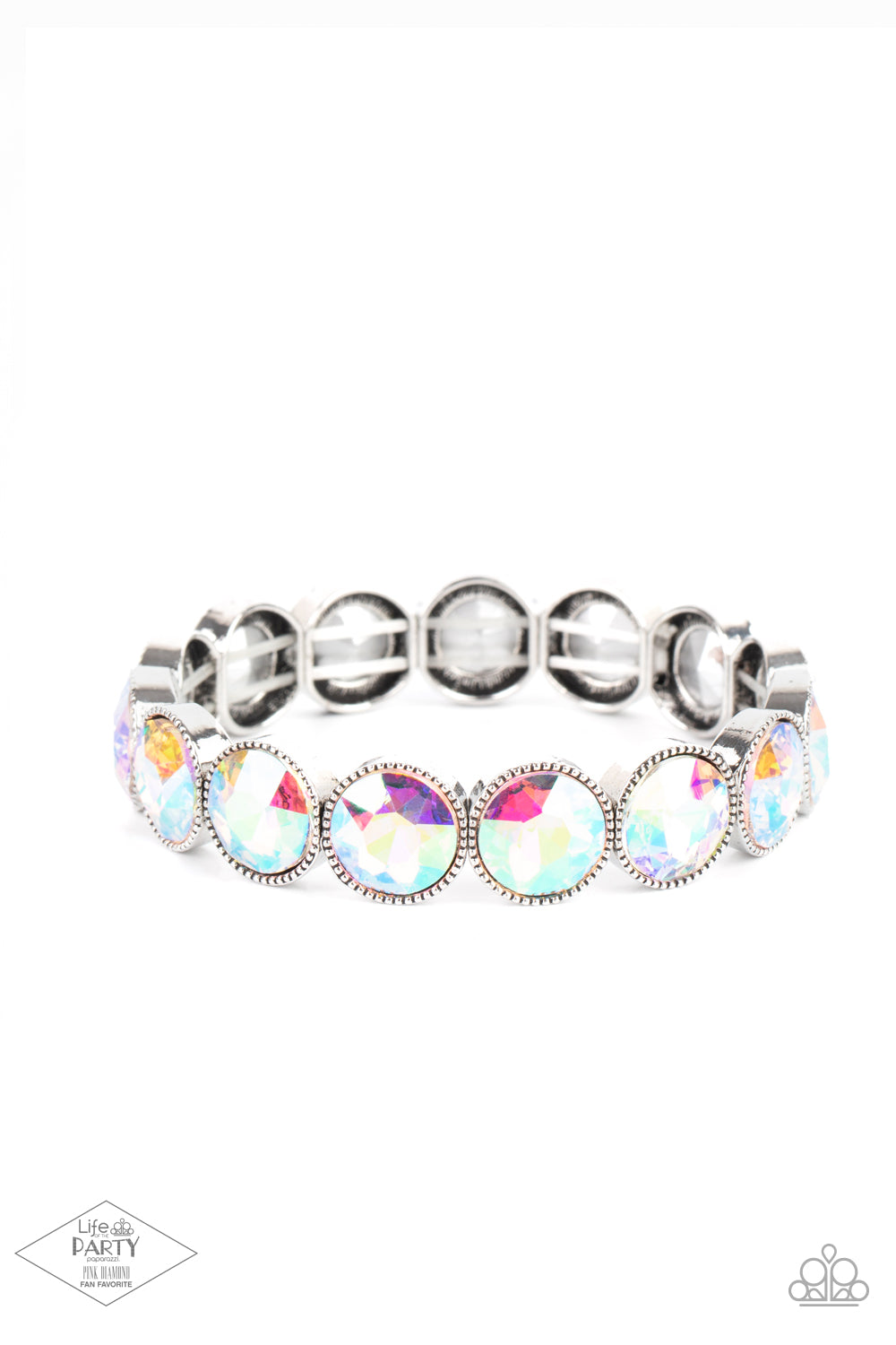 Paparazzi Accessories Number One Knockout - Multi 2 Faceted iridescent gems are pressed into sleek silver frames. The glittery frames are threaded along stretchy bands, creating a glamorous look around the wrist. Due to its prismatic palette, color may va