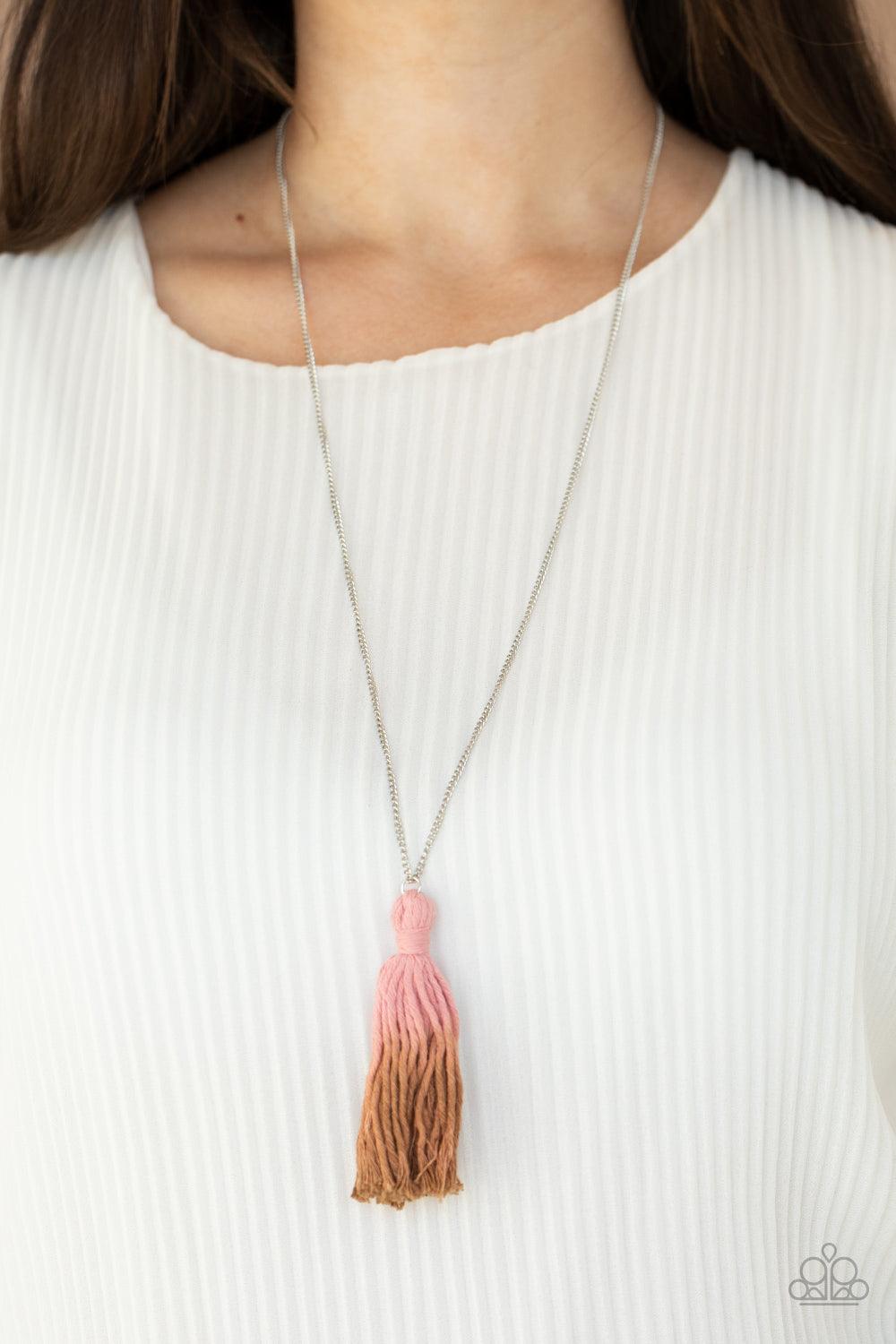 Paparazzi Accessories Totally Tasseled - Pink A knotted tassel gradually fades from Rose Tan to brown at the bottom of a lengthened silver chain, creating a colorful pendant. Features an adjustable clasp closure. Sold as one individual necklace. Includes