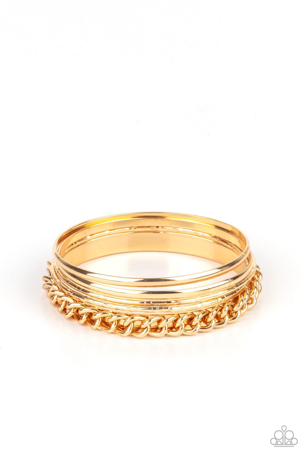 Paparazzi Accessories A Piece of The Action - Gold Pairs of smooth and textured gold bangles join a gold bangle around the wrist that is decorated in a single strand of gold chain for a gritty finish. Sold as one set of five bracelets. Jewelry