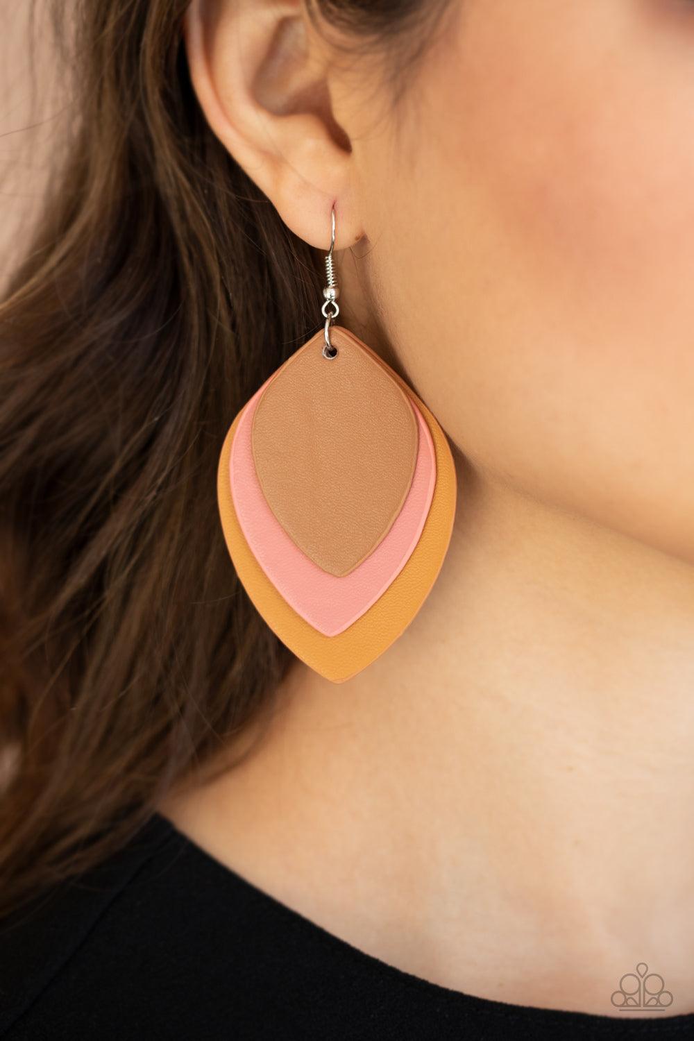 Paparazzi Accessories Light as a LEATHER - Multi Leafy brown, Rose Tan, and tan leather frames delicately layer into a seasonal lure. Earring attaches to a standard fishhook fitting. Sold as one pair of earrings. Jewelry