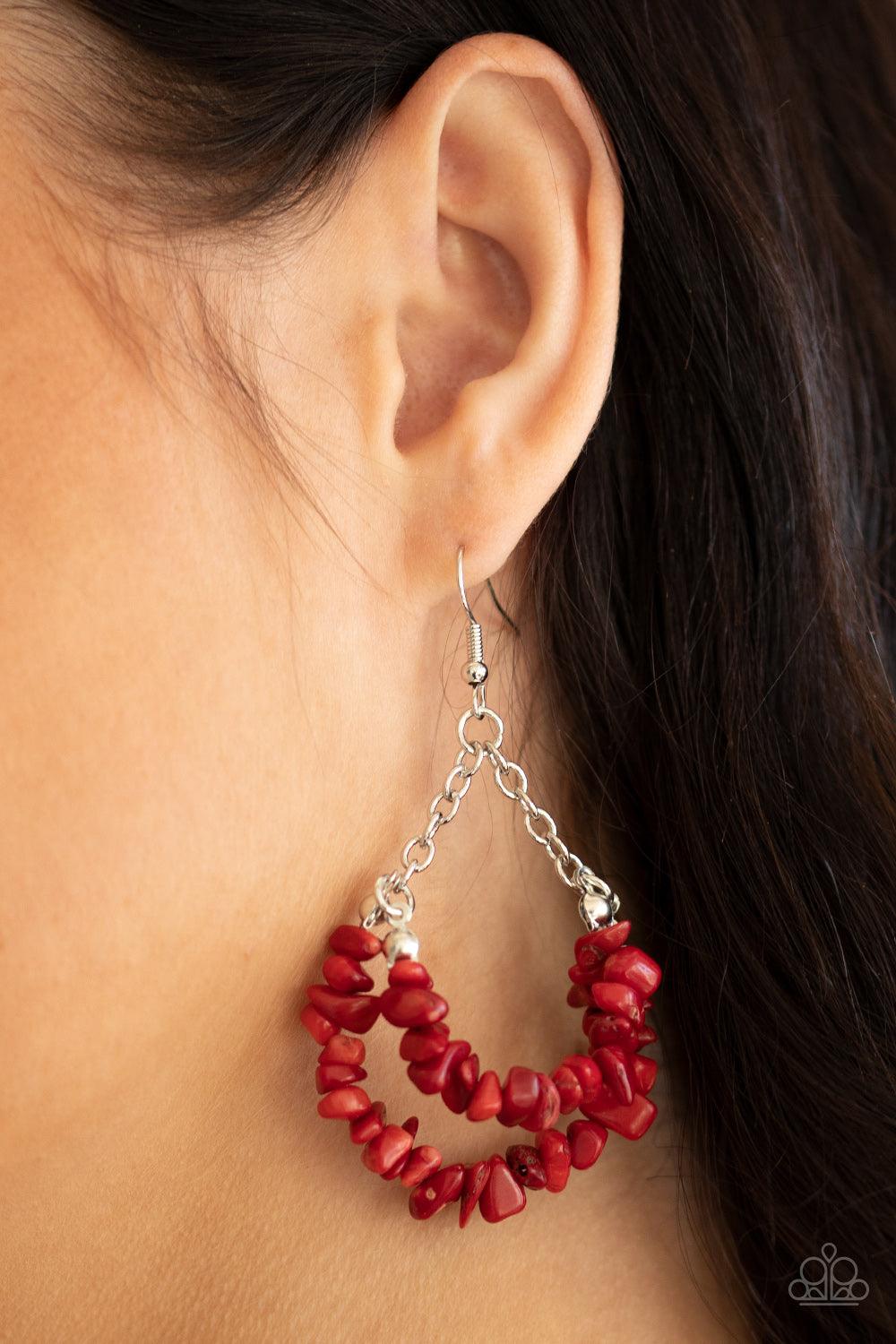 Paparazzi Accessories Rainbow Rock Gardens - Red Attached to shimmery silver chains, a fiery collection of red pebble-like stones are threaded along two dainty silver wires, layering into an earthy teardrop. Earring attaches to a standard fishhook fitting