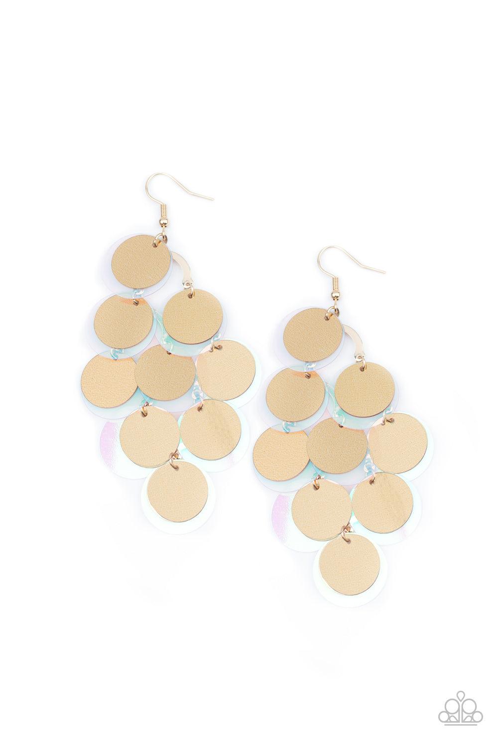 Paparazzi Accessories Sequin Seeker - Gold A bubbly collection of oversized gold and iridescent sequins cascade from the ear, creating a flirty holographic fringe. Earring attaches to a standard fishhook fitting. Sold as one pair of earrings. Jewelry