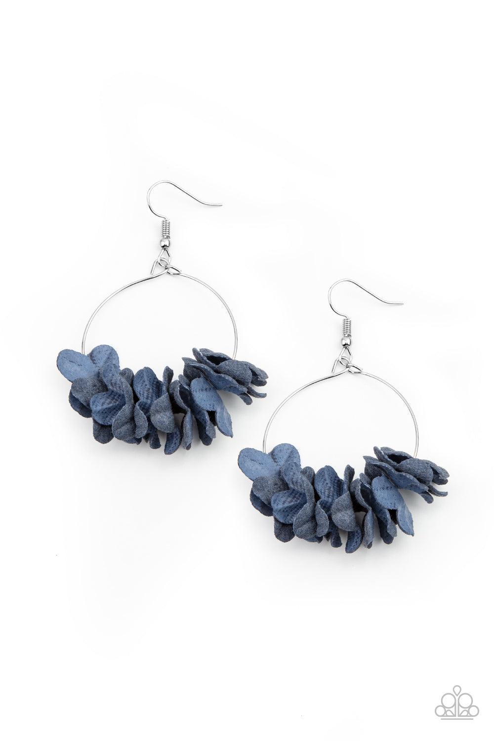 Paparazzi Accessories Flirty Florets - Blue A collection of blue paper-like flowers are threaded along a dainty silver hoop, creating a flirtatious floral fringe. Earring attaches to a standard fishhook fitting. Sold as one pair of earrings. Jewelry