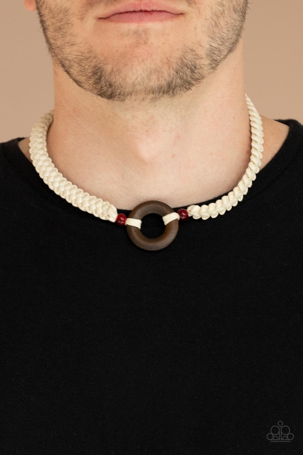 Paparazzi Accessories The MAINLAND Event - Red A wooden hoop is knotted in place between two glassy red beads along braided white cording around the neck for an earthy look. Features a button loop closure. Sold as one individual necklace. Jewelry