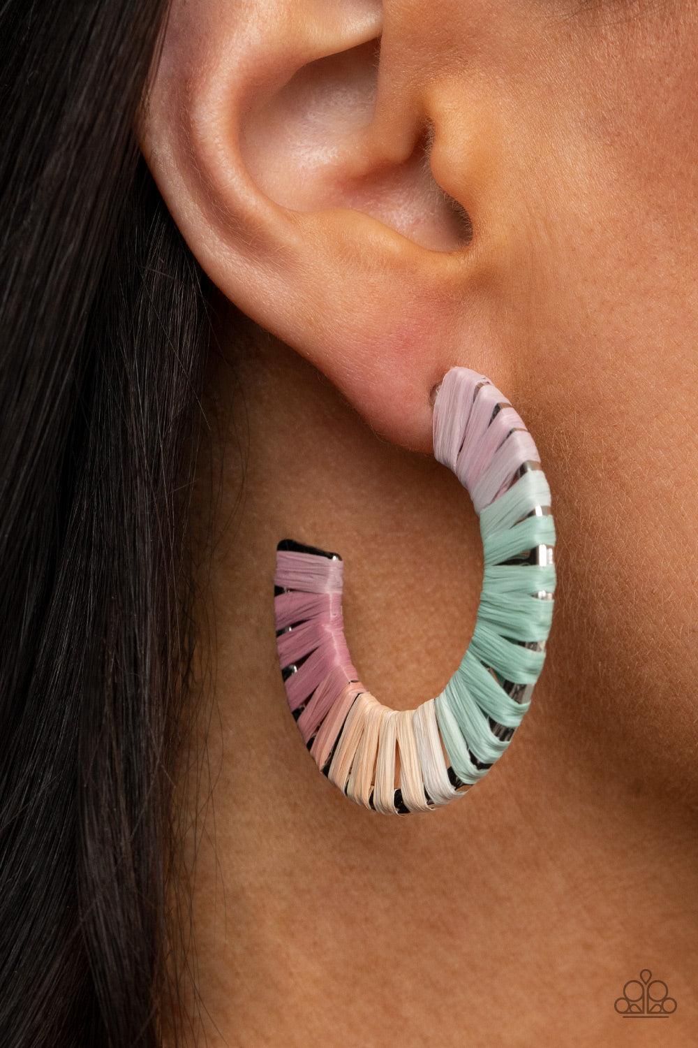 Paparazzi Accessories A Chance of RAINBOWS - Multi Multicolored wicker-like cording wraps around a thick silver hoop, creating a flirty pop of color. Earring attaches to a standard post fitting. Hoop measures approximately 1 1/2" in diameter. Sold as one
