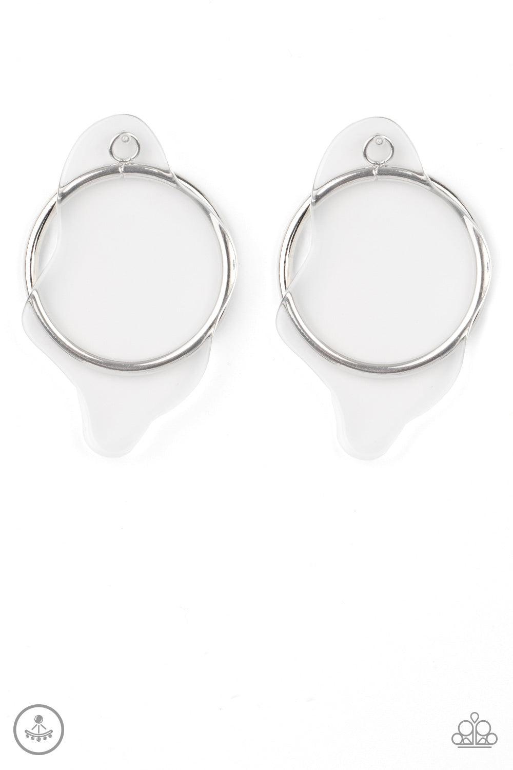 Paparazzi Accessories Clear The Way! - White A warped piece of clear acrylic attaches to a double-sided post, while an oversized silver hoop peeks out beneath the ear for a bold look. Earring attaches to a standard post fitting. Sold as one pair of double