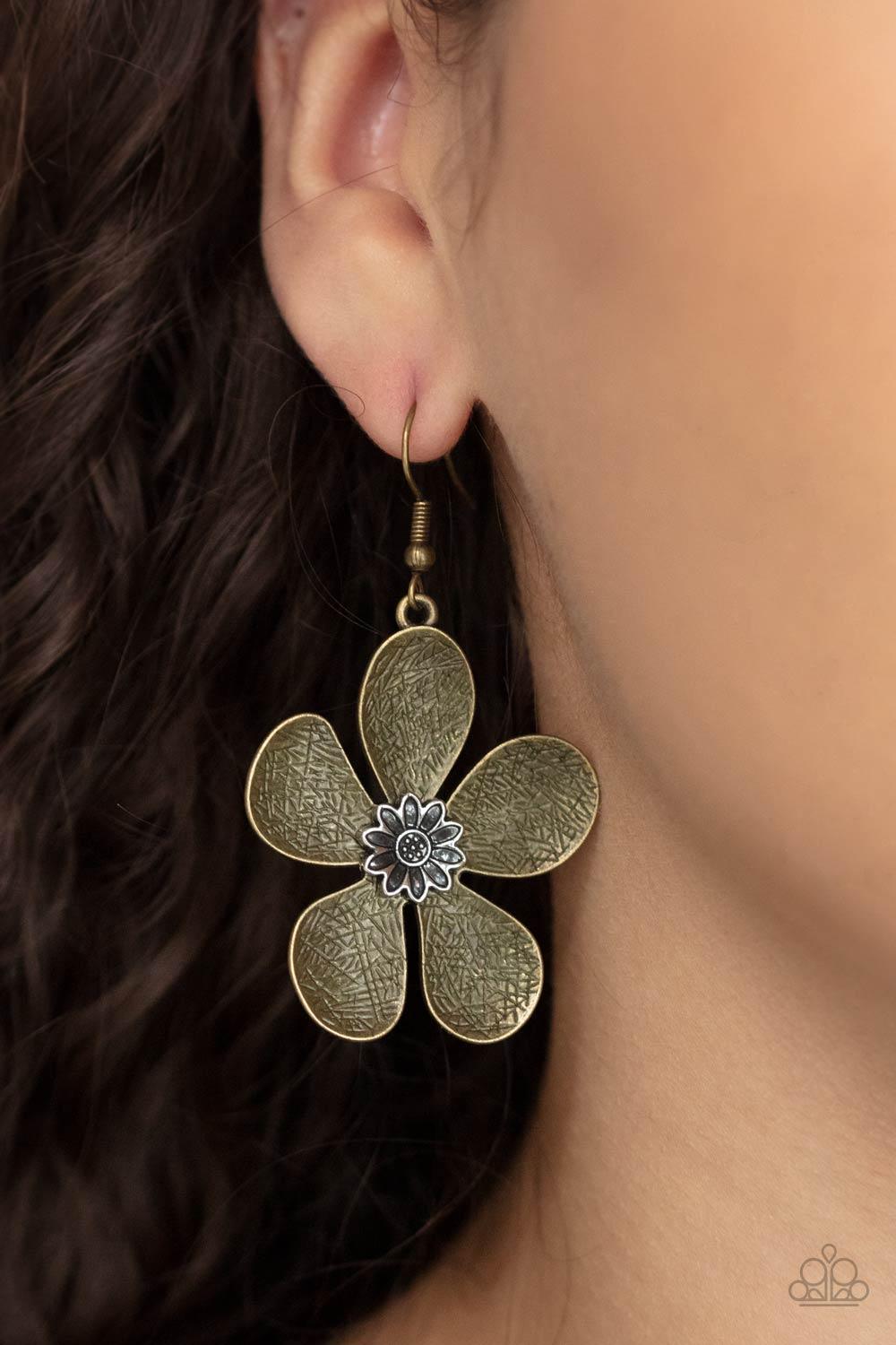 Paparazzi Accessories Fresh Florals - Brass Rustically etched brass petals bloom from a silver floral adorned center, creating a whimsical display. Earring attaches to a standard fishhook fitting. Sold as one pair of earrings. Jewelry