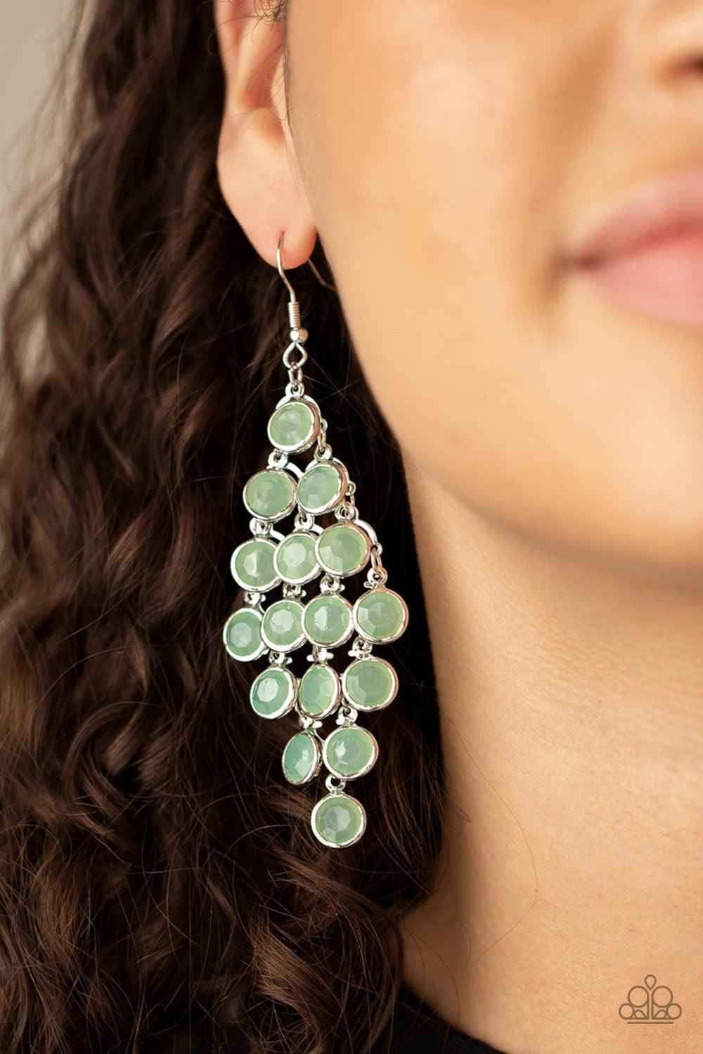 Paparazzi Accessories With All DEW Respect - Green Encased in sleek silver fittings, a crystal-like collection of Green Ash gems trickle from a silver netted backdrop, creating a dewy display. Earring attaches to a standard fishhook fitting. Sold as one p