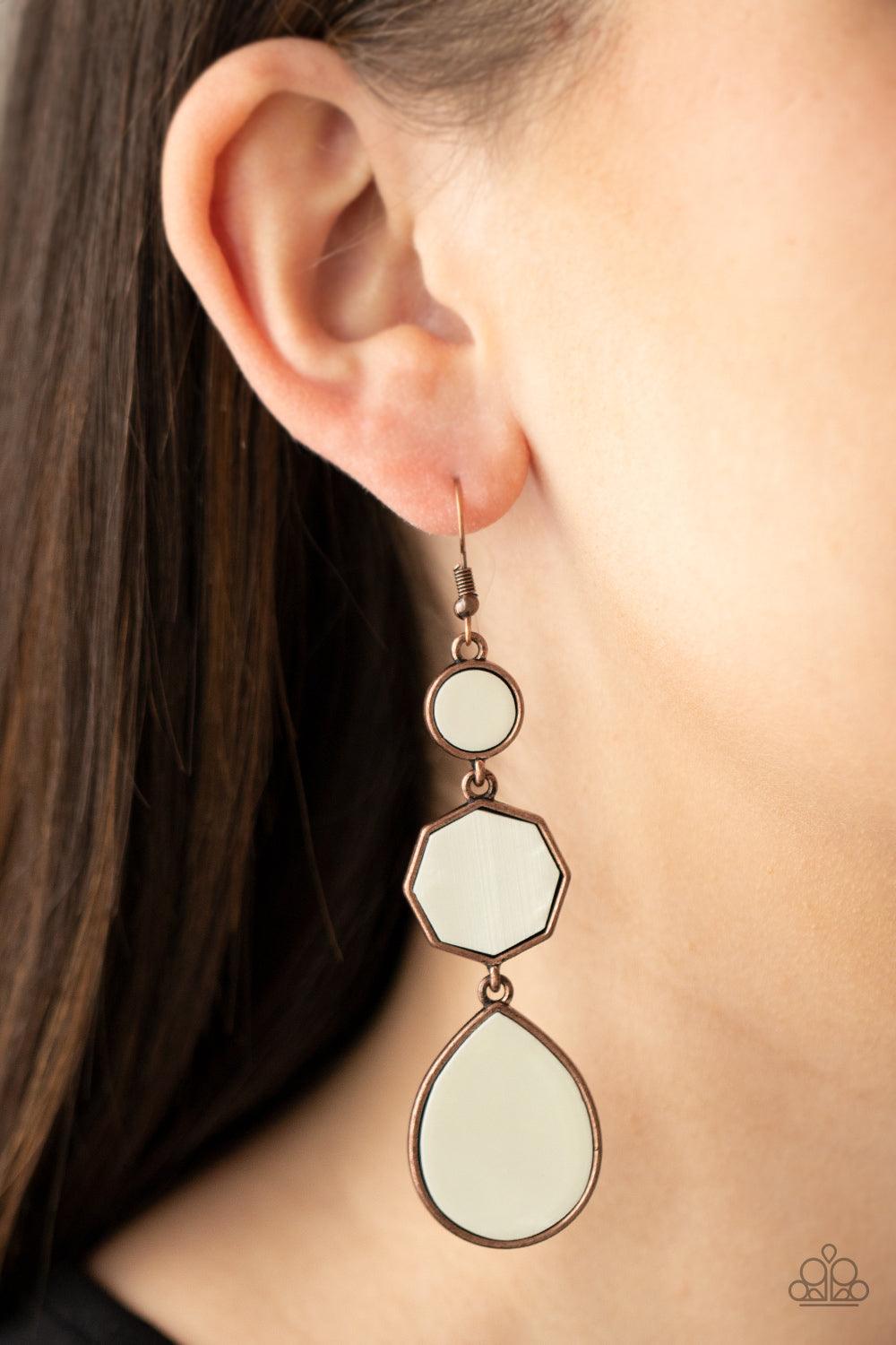 Paparazzi Accessories Progressively Posh - Copper Featuring rustic copper fittings, a dainty collection of round, octagon, and teardrop shell-like frames link into a sleek lure. Earring attaches to a standard fishhook fitting. Sold as one pair of earrings
