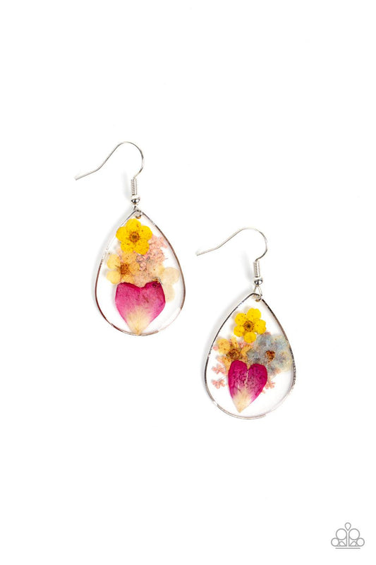 Paparazzi Accessories Prim and PRAIRIE - Multi A colorful collection of wildflowers is encased inside a glassy teardrop casing bordered in silver, creating a whimsical display. Earring attaches to a standard fishhook fitting. Sold as one pair of earrings.
