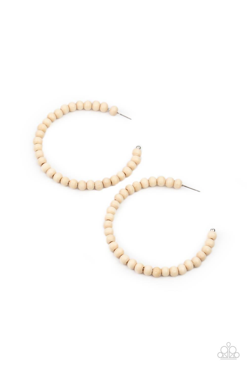 Paparazzi Accessories Should Have, Could Have, WOOD Have - White White wooden beads are threaded along a dainty wire, creating an earthy hoop. Earring attaches to a standard post fitting. Hoop measures approximately 2 1/2" in diameter. Sold as one pair of