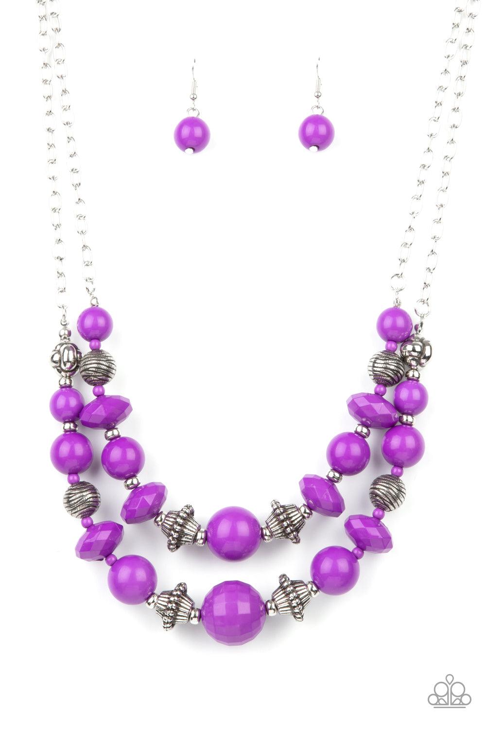 Paparazzi Accessories Upscale Chic - Purple Bold yet whimsical, Amethyst Orchid beads alternate with silver beads etched in a linear pattern along two strands for a vibrant statement below the collar. Features an adjustable clasp closure. Sold as one indi