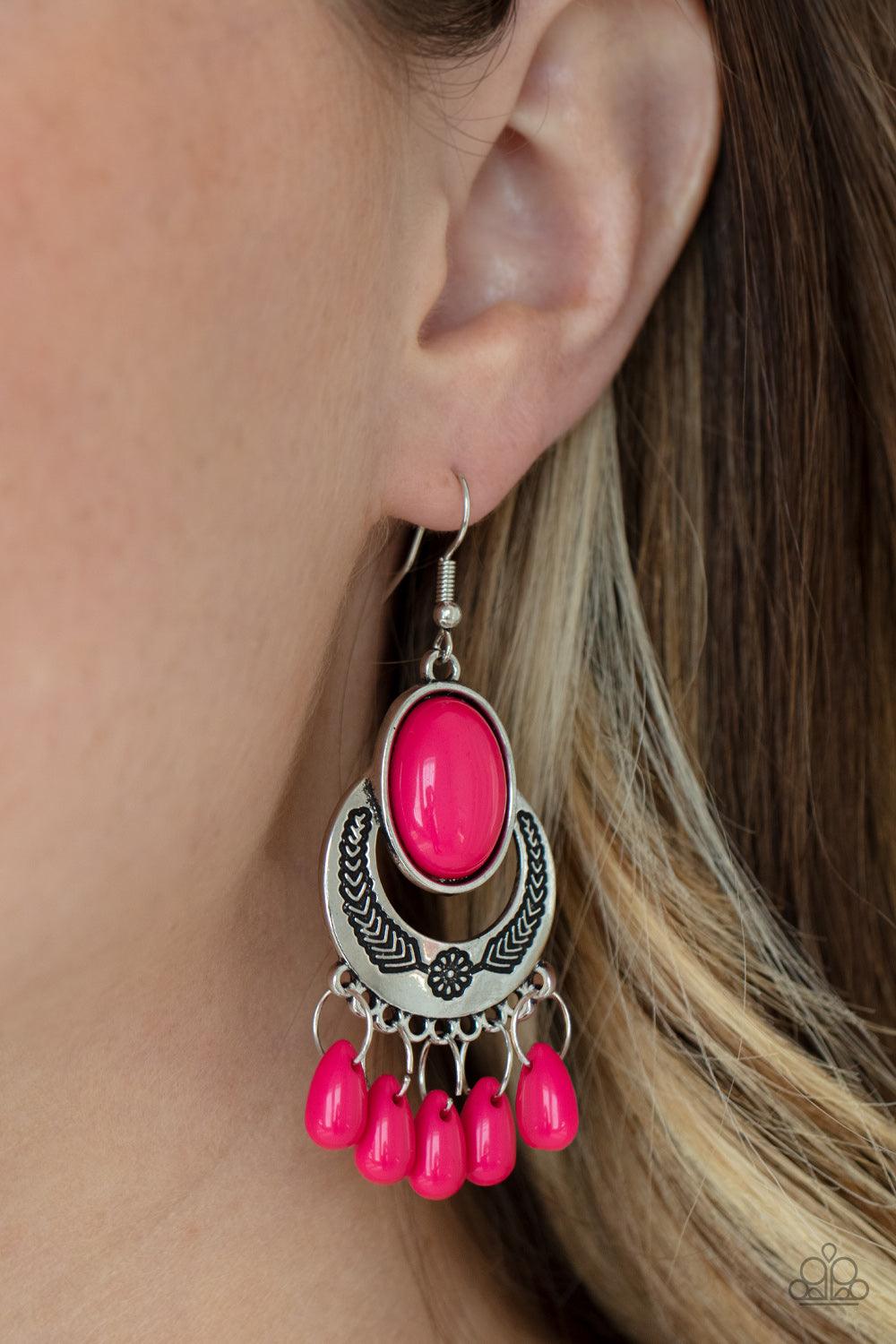 Paparazzi Accessories Prairie Flirt - Pink Raspberry Sorbet teardrop beads dance from the bottom of a half-moon silver frame stamped in floral detail, creating a flirty fringe. An oversized Raspberry Sorbet oval bead crowns the top of the frame for a powe