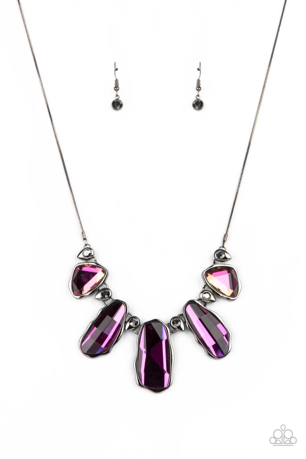 Paparazzi Accessories Cosmic Cocktail - Multi Featuring a UV shimmer, a glittery collection of raw cut iridescent gems delicately link with dainty hematite rhinestone dotted gunmetal teardrops below the collar, creating a stellar fringe. Features an adjus